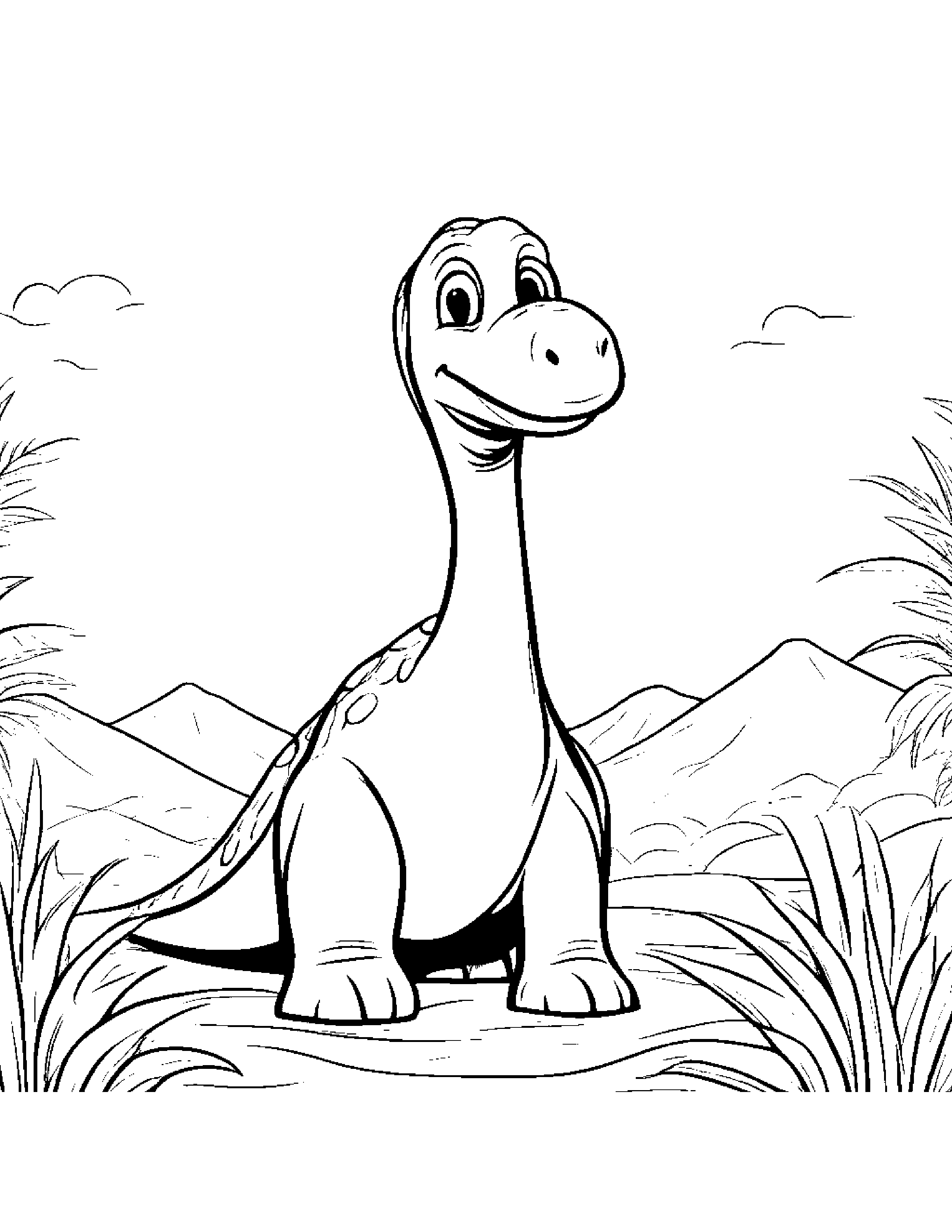 Happy Baby Brachiosaurus With Scarf Coloring Page (Free Printable PDF)