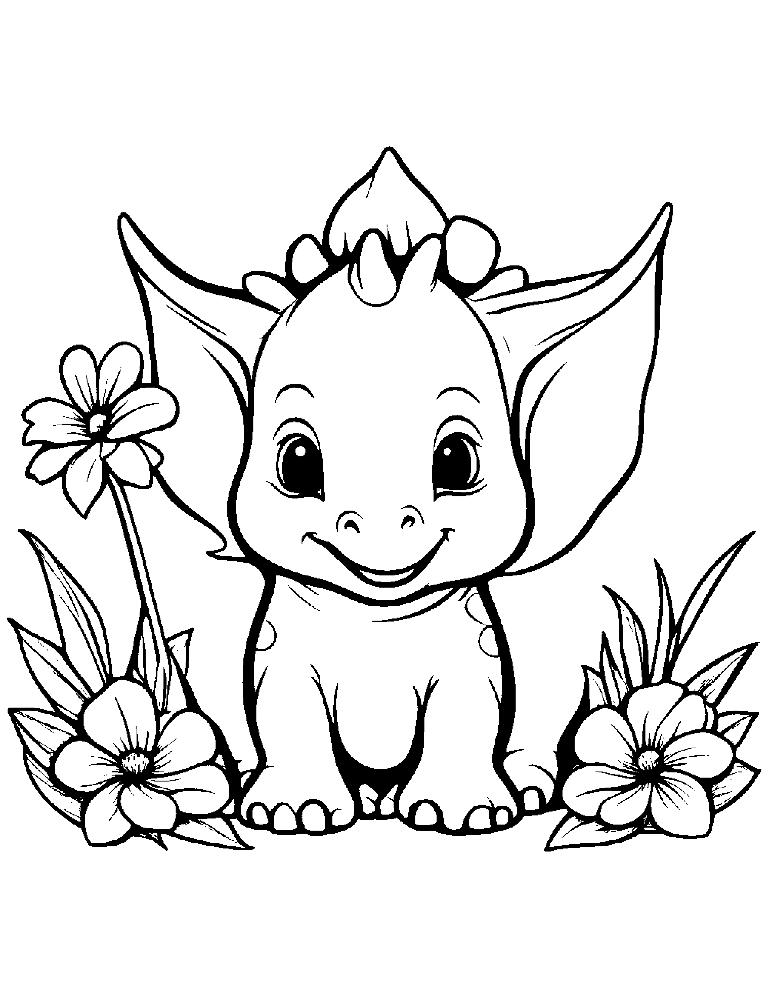 Happy Baby Triceratops With A Flower #2 Coloring Page (Free Printable PDF)