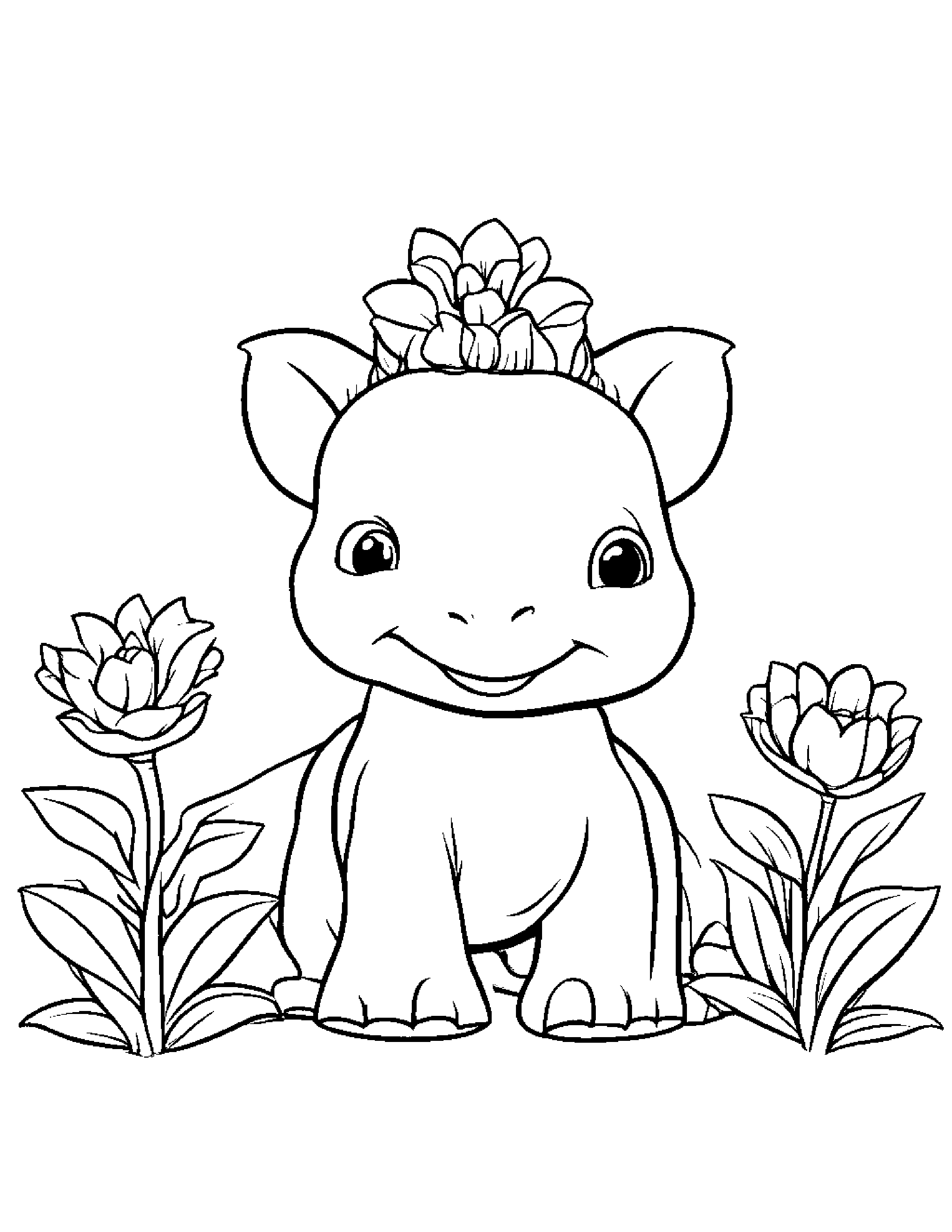 Happy Baby Triceratops With A Flower Coloring Page (Free Printable PDF)