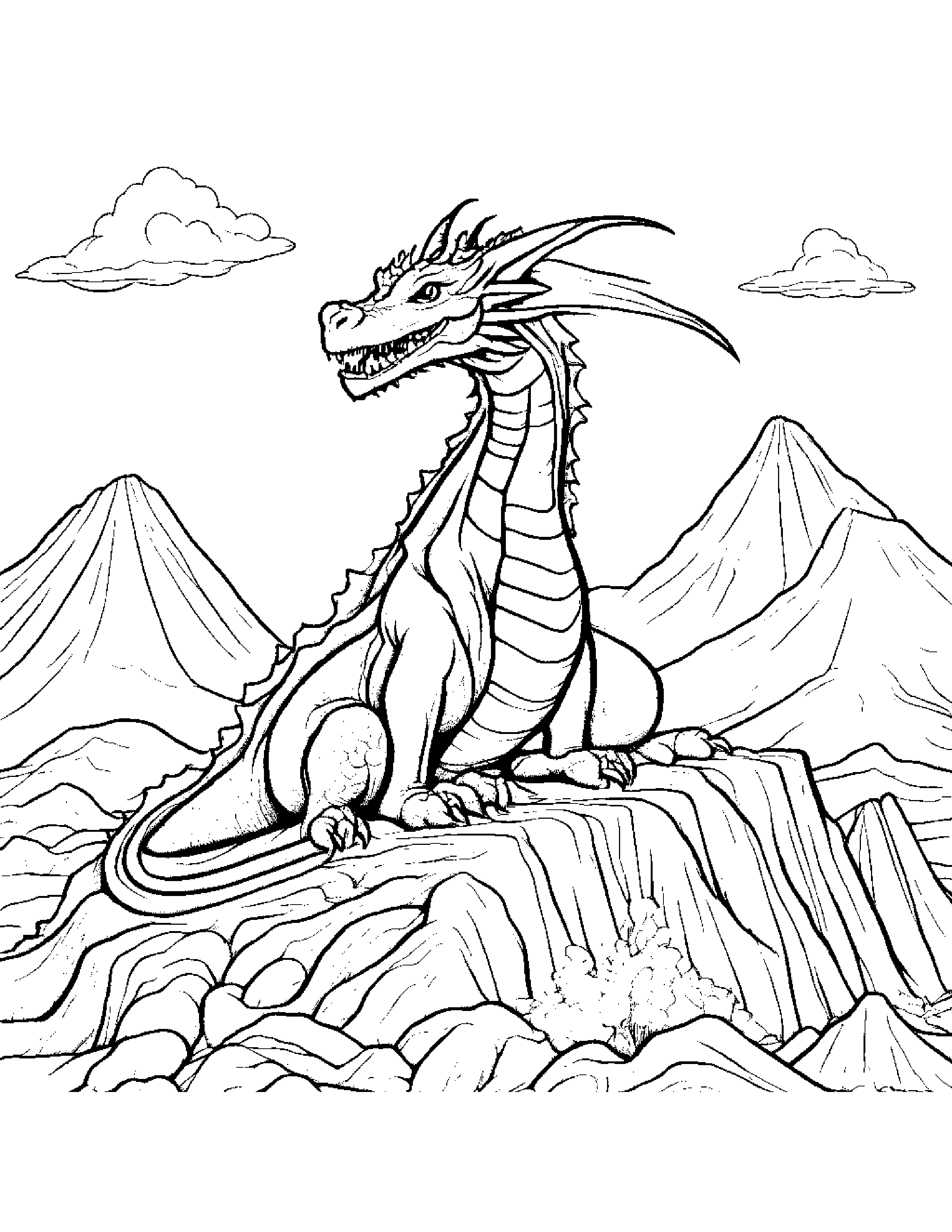 A Fire Breathing Dragon Resting Peacefully On Top Of A Volcano, Watching Over Its Treasure Hoard Coloring Page (Free Printable PDF)