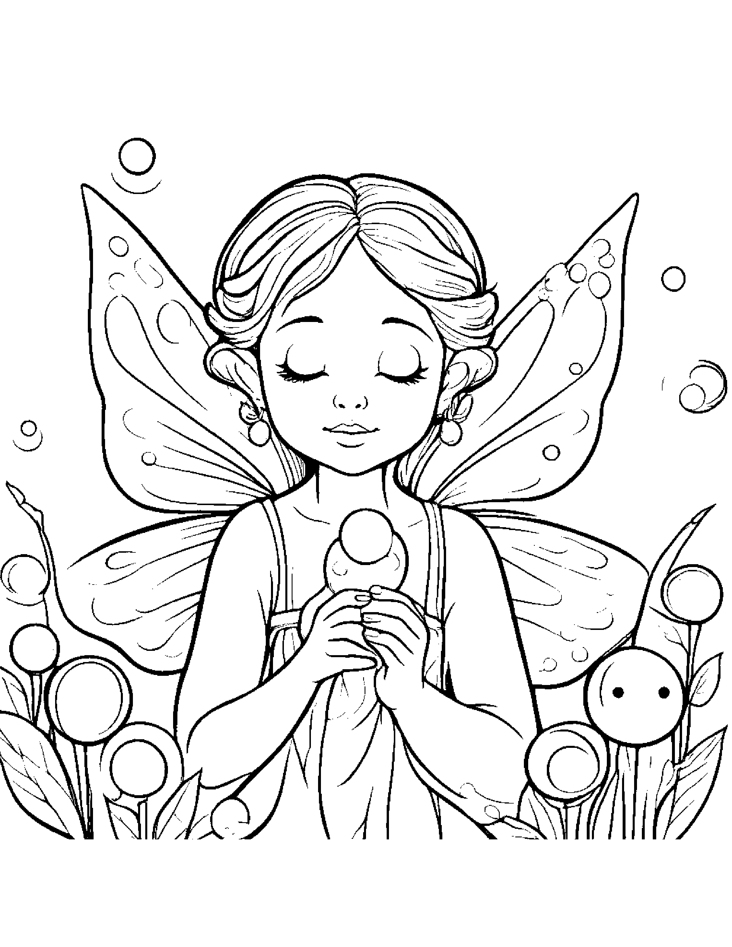 Gentle Tiny Fairy Blowing Bubbles #3 Coloring Page (Free Printable PDF)