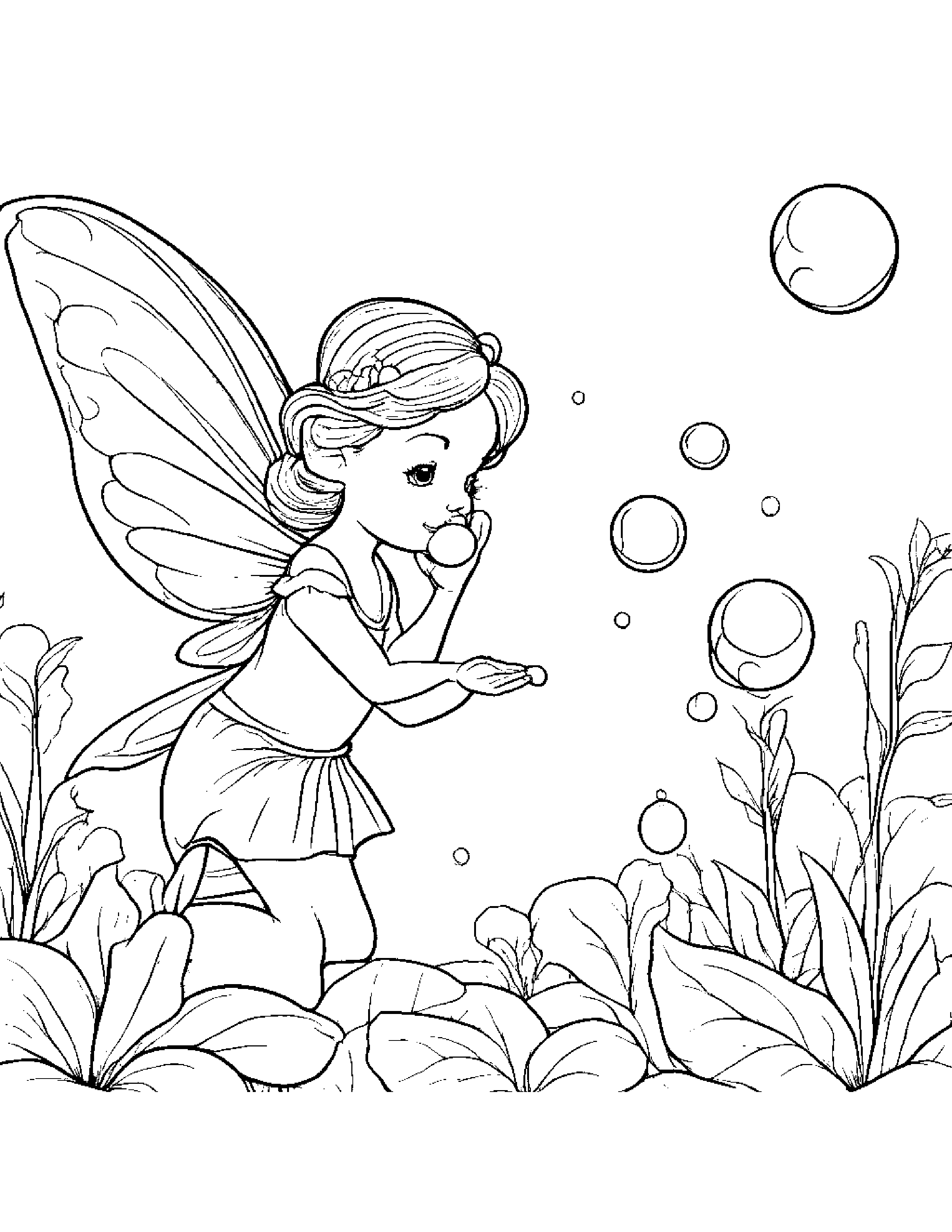 Gentle Tiny Fairy Blowing Bubbles Coloring Page (Free Printable PDF)
