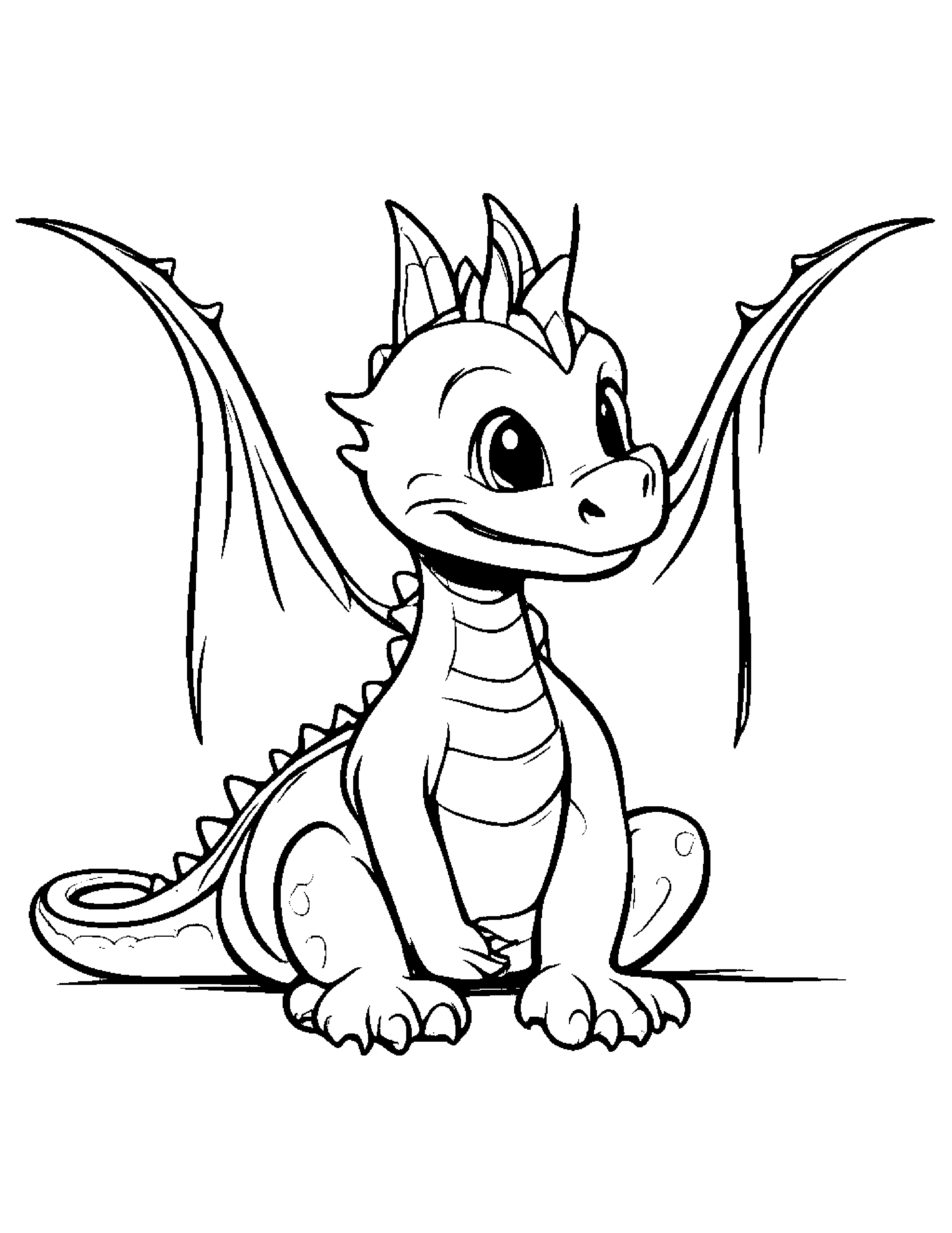 Smiling Baby Dragon With A Bow Coloring Page (Free Printable PDF)