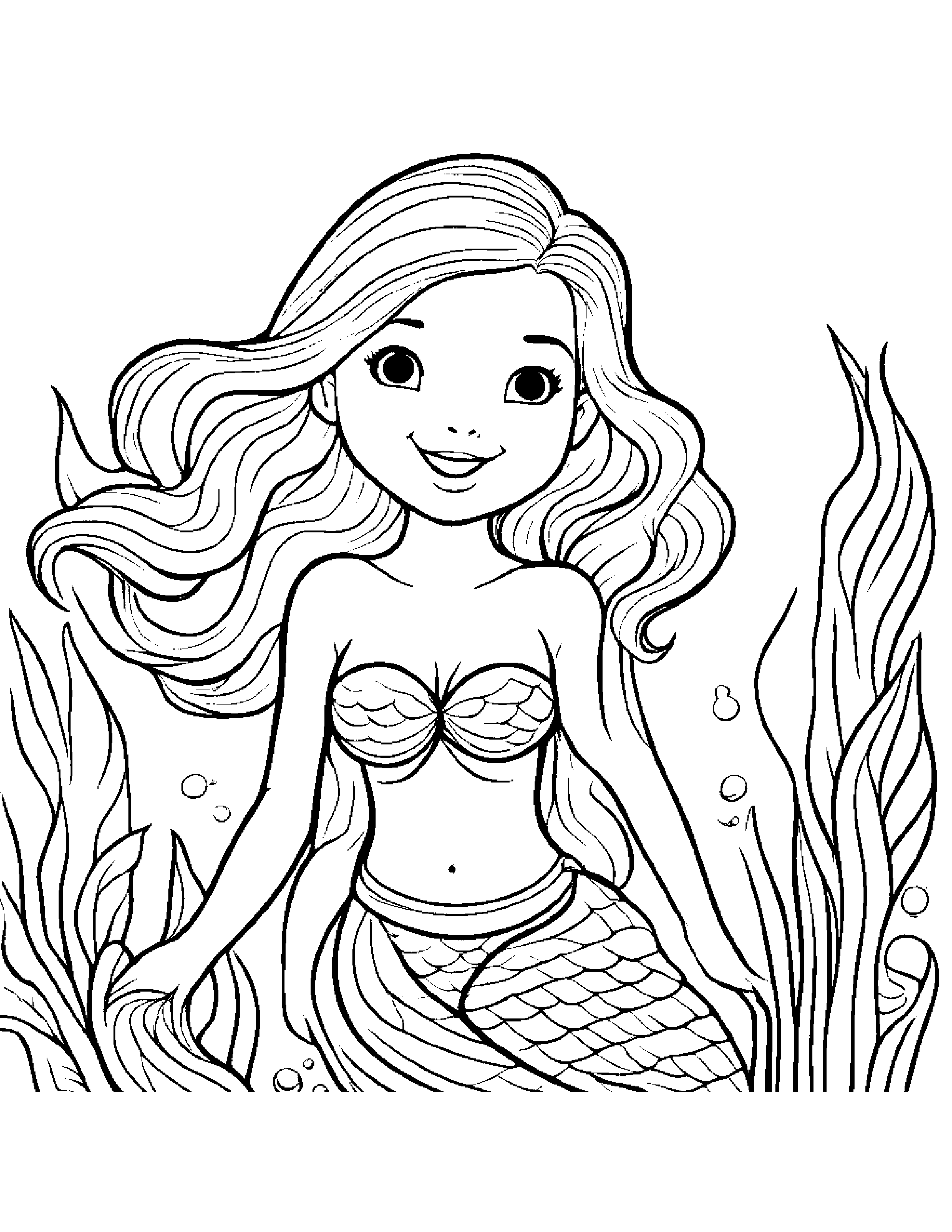 Happy Mermaid #2 Coloring Page (Free Printable PDF)
