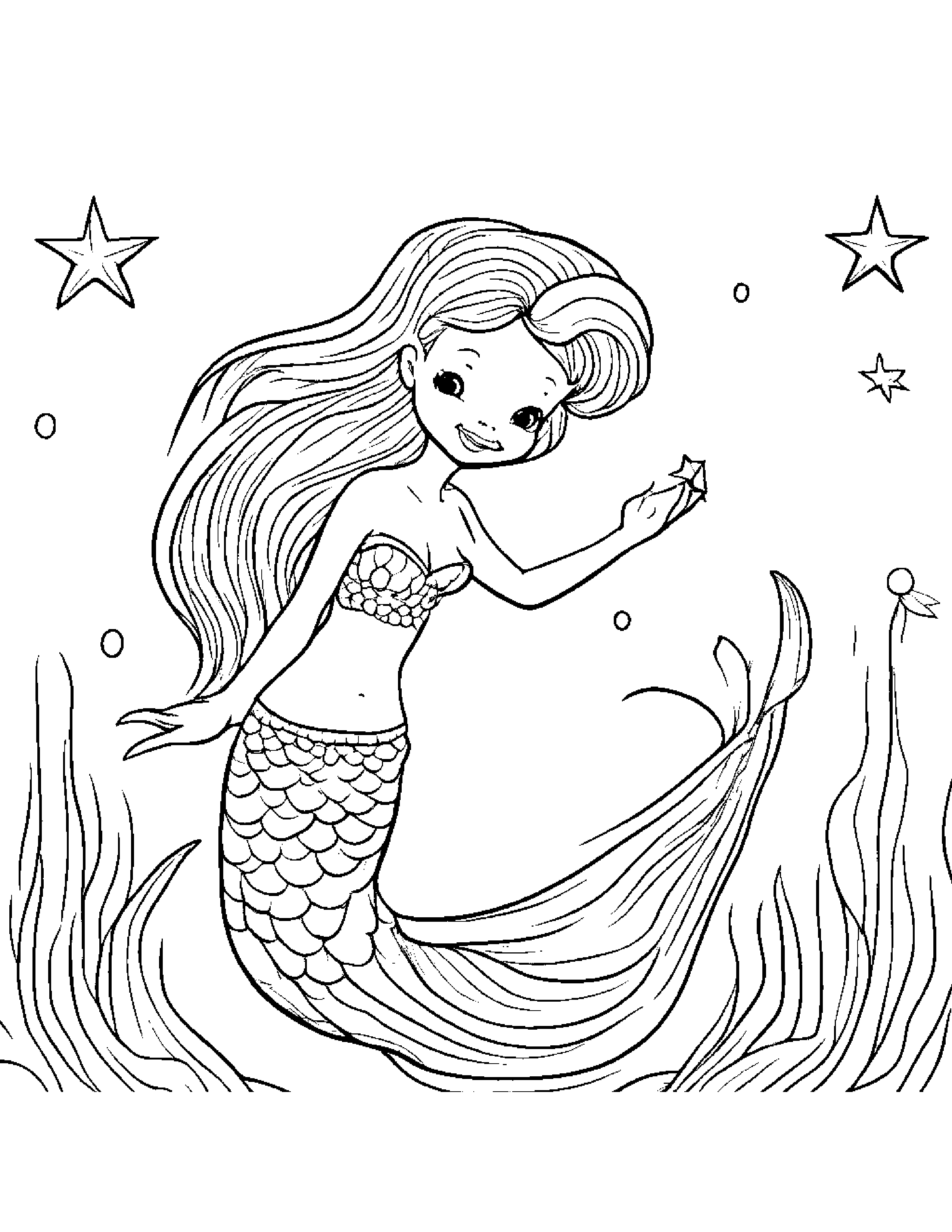 Happy Mermaid With A Star Coloring Page (Free Printable PDF)