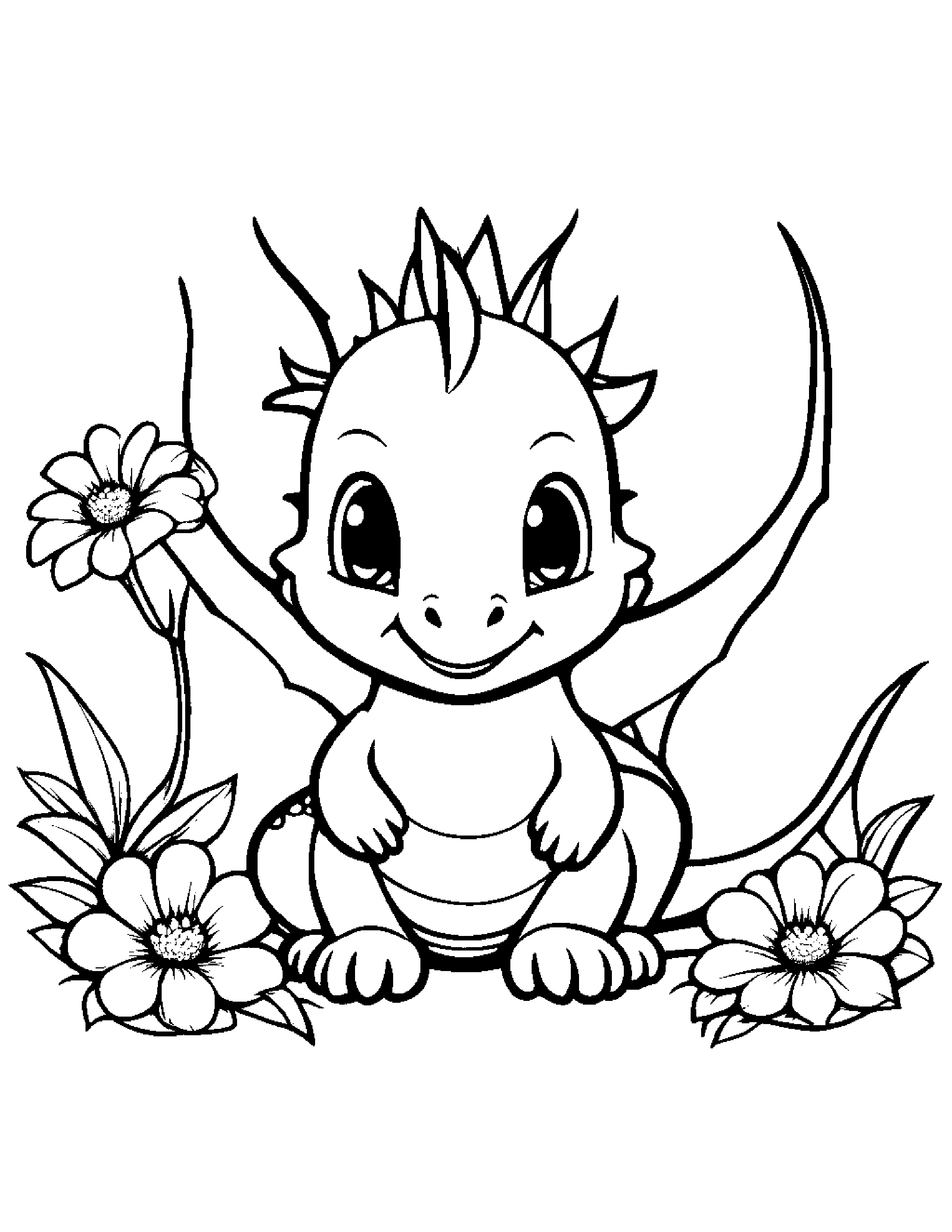 Kawaii Baby Dragon With A Flower #2 Coloring Page (Free Printable PDF)