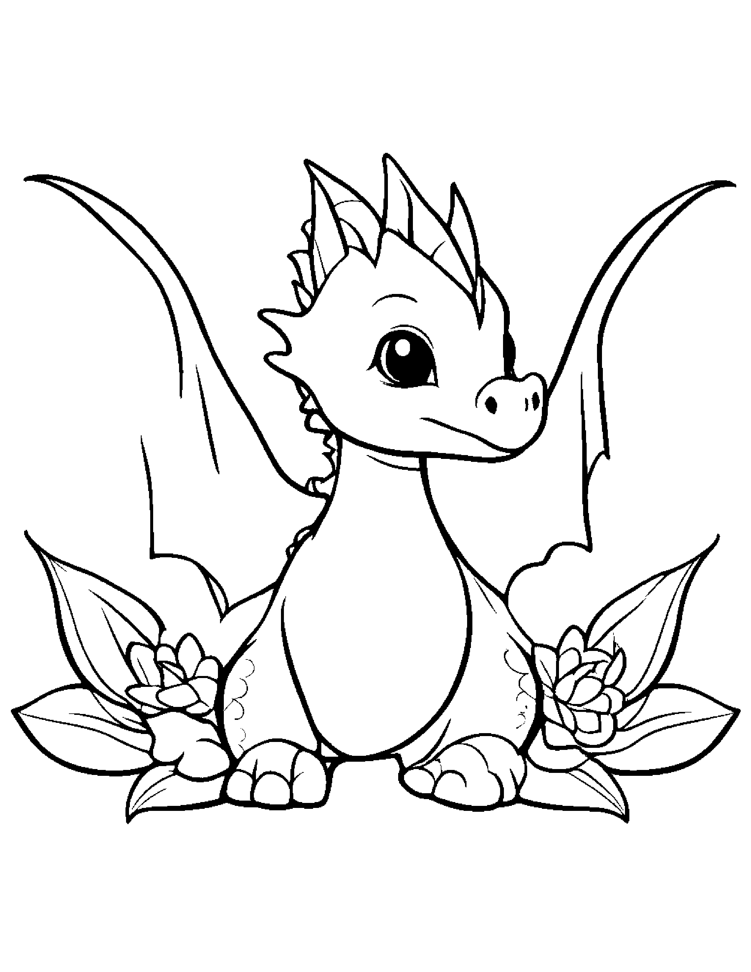 Kawaii Baby Dragon With A Flower Coloring Page (Free Printable PDF)
