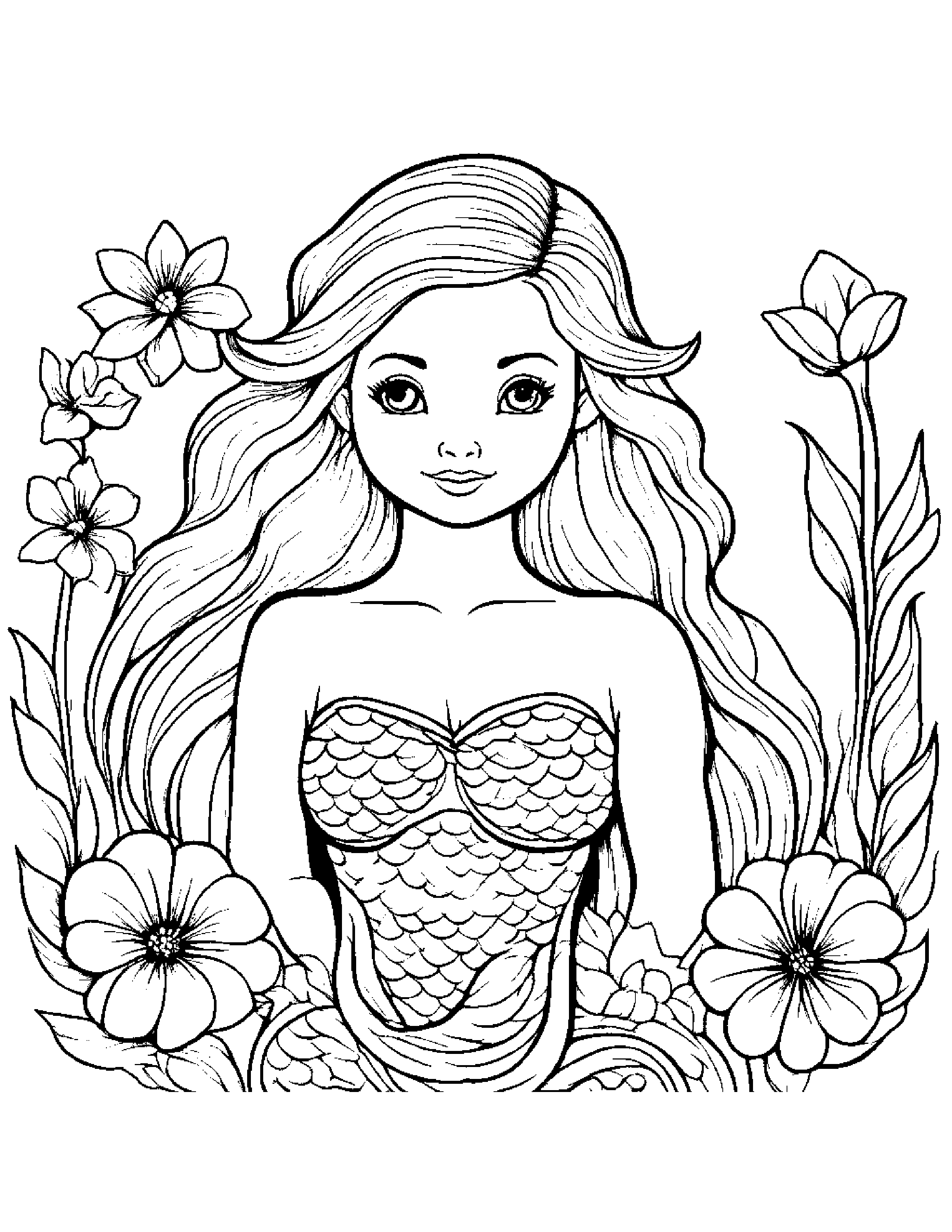 Mermaid With A Flower #2 Coloring Page (Free Printable PDF)