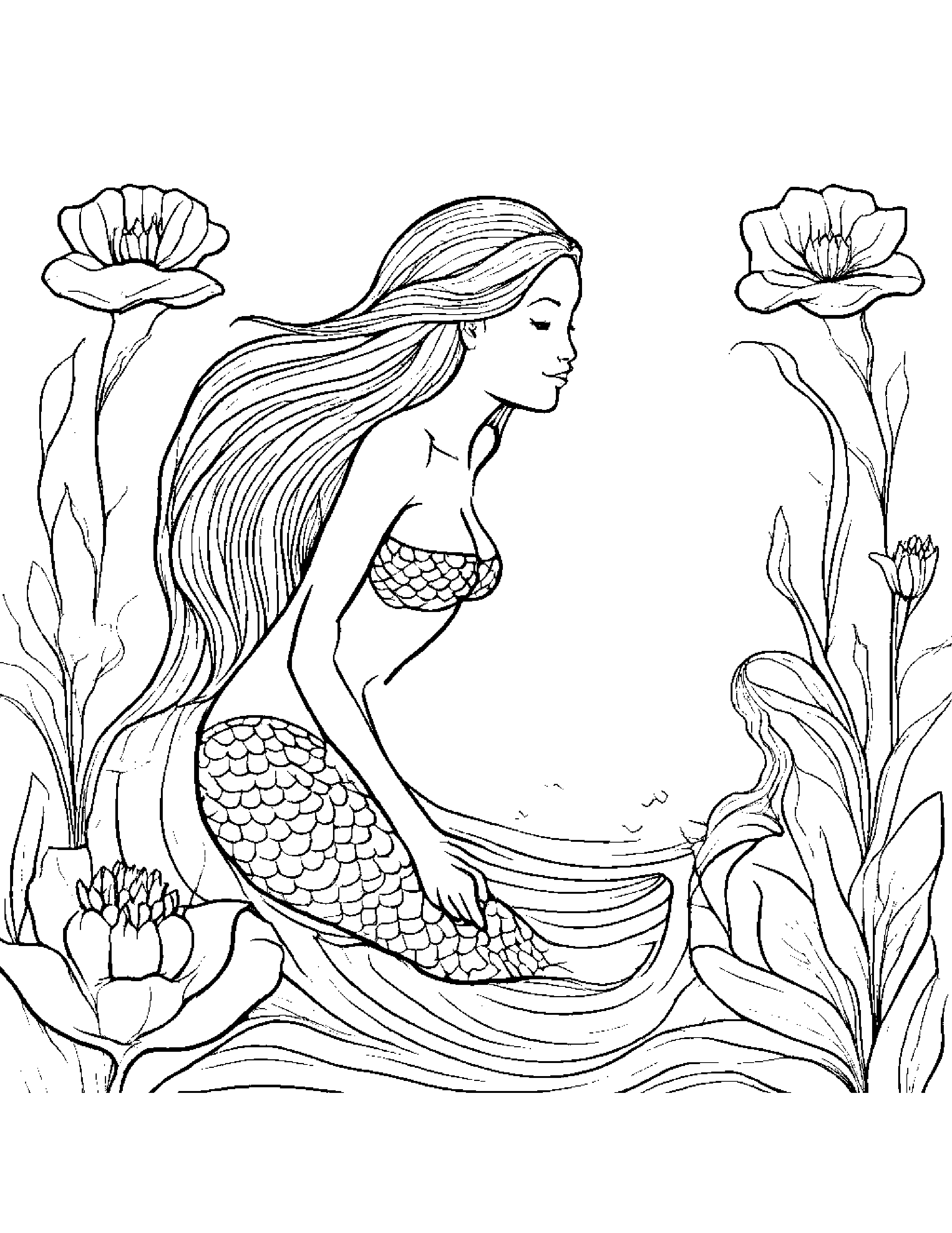 Mermaid With A Flower Coloring Page (Free Printable PDF)