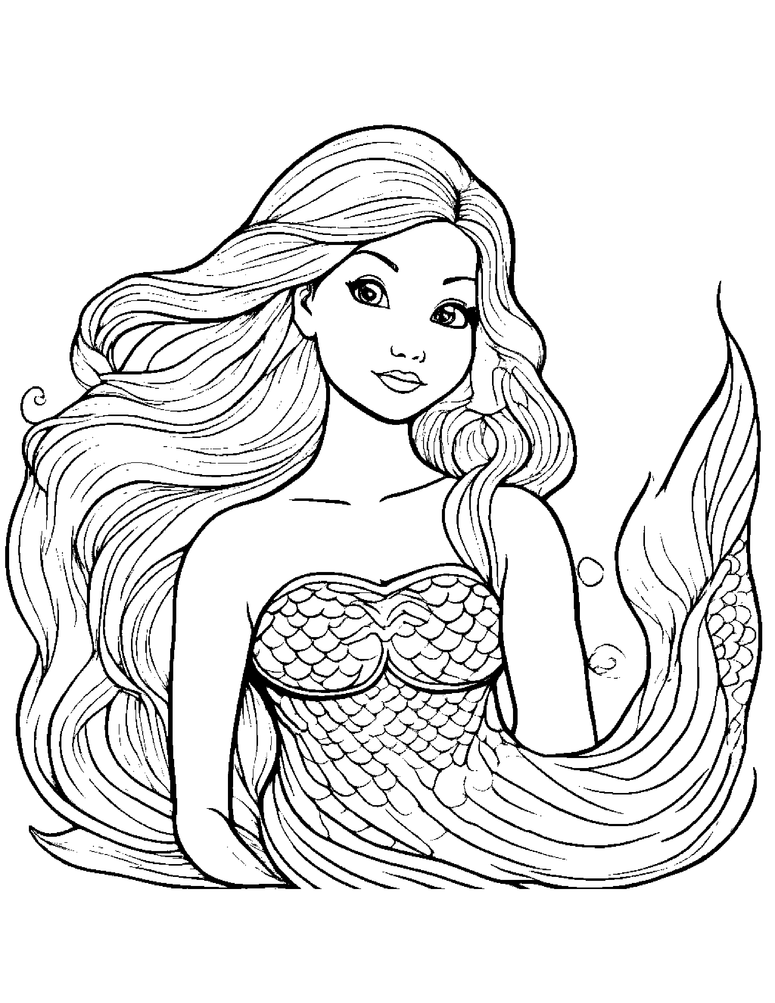 Mermaid With Scarf #2 Coloring Page (Free Printable PDF)