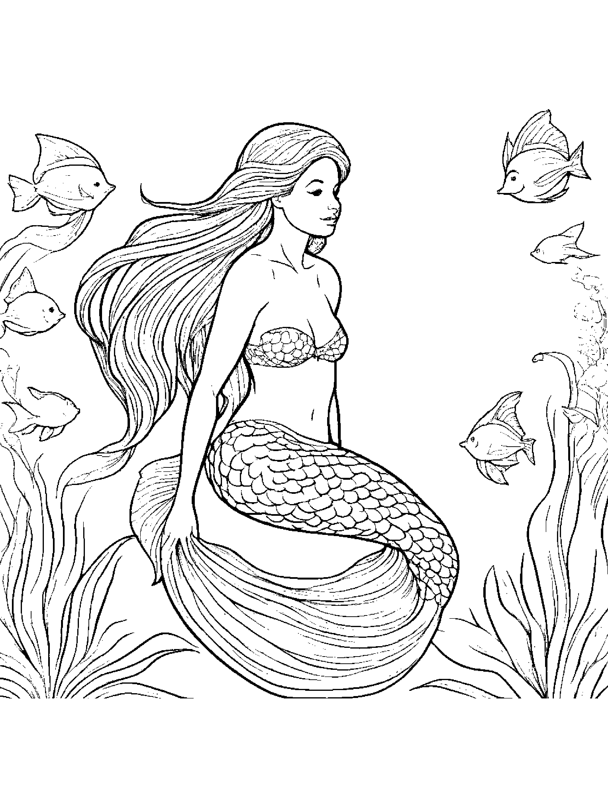 Mermaid With Scarf Coloring Page (Free Printable PDF)