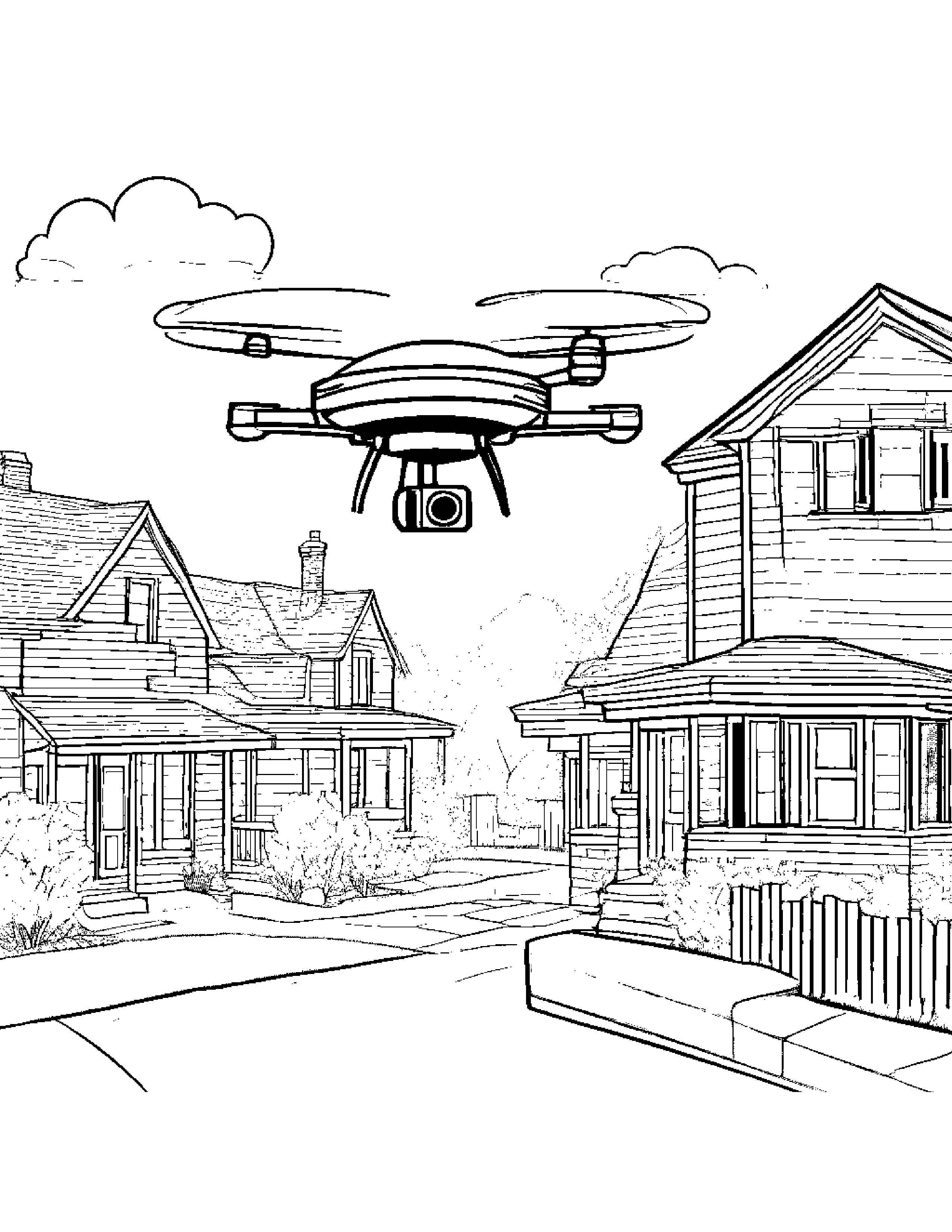 A Drone Delivering Packages To Different Houses On A Quiet Suburban Street Coloring Page (Free Printable PDF)