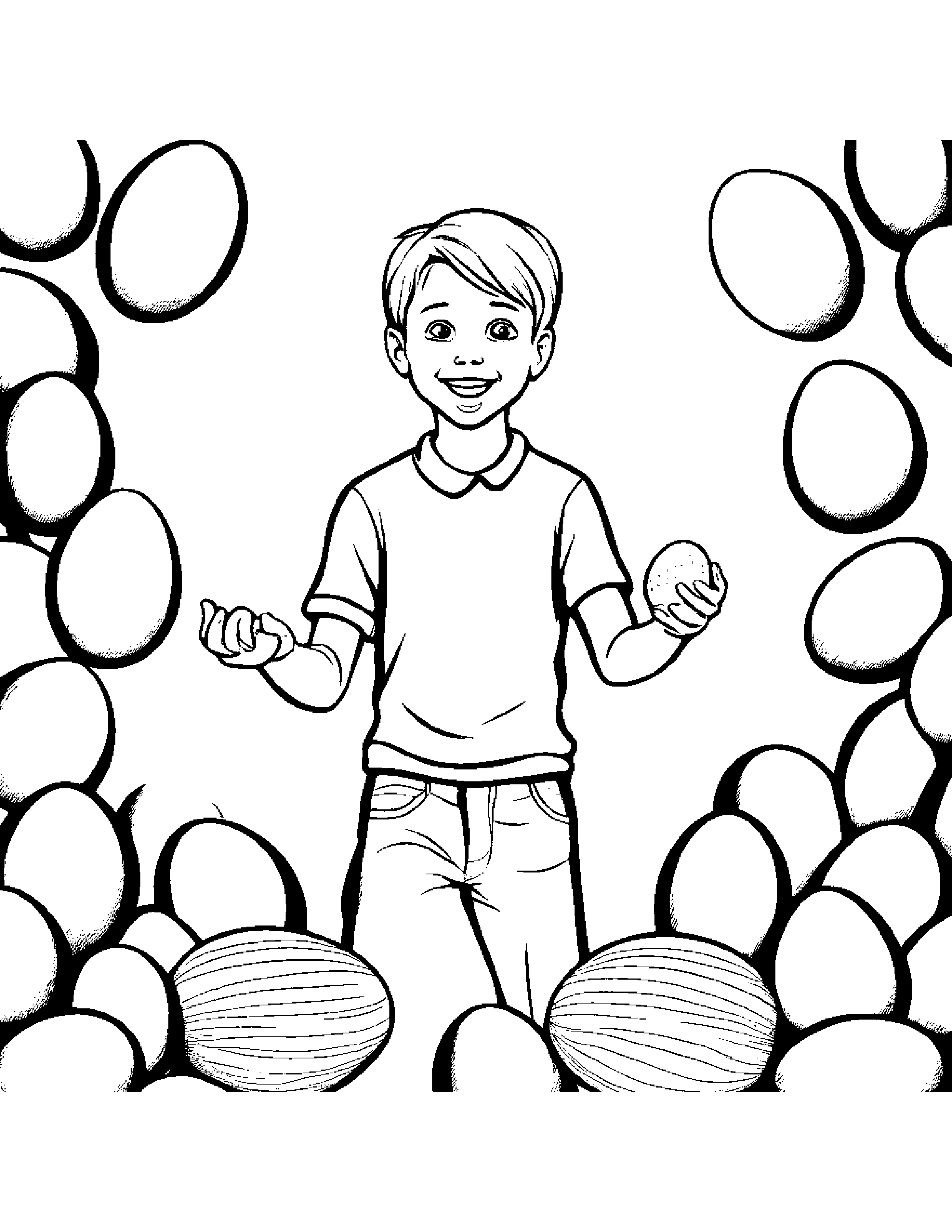 A Boy Juggling Colored Eggs During Easter Celebrations Coloring Page (Free Printable PDF)