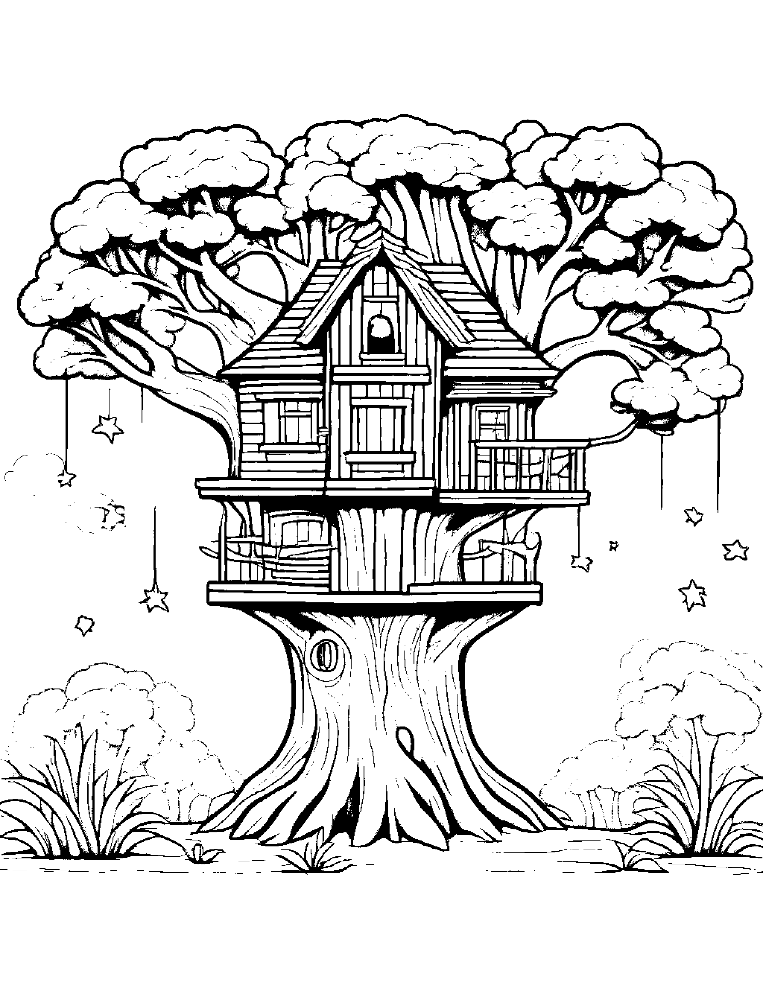 Little Treehouse With A Star #2 Coloring Page (Free Printable PDF)