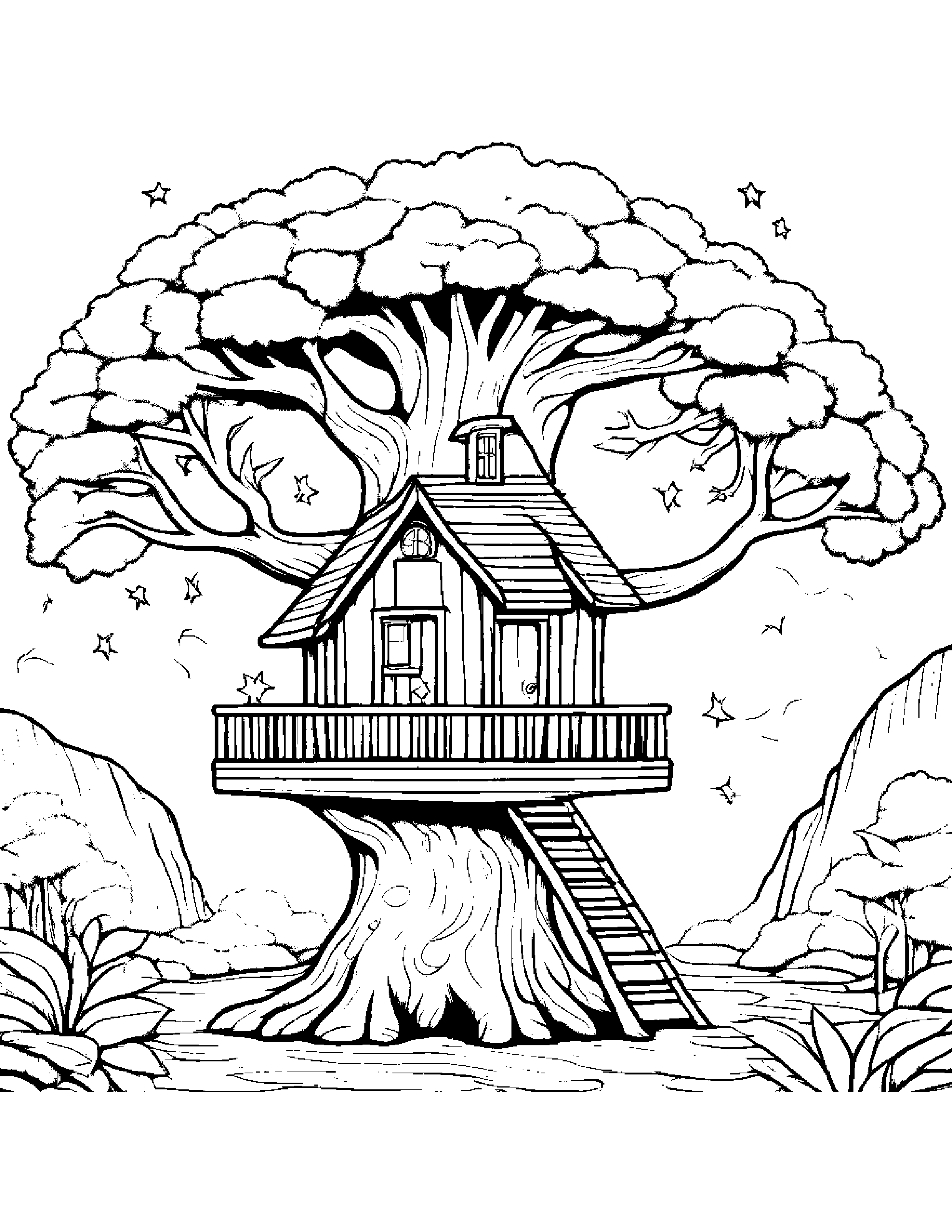 Little Treehouse With A Star #3 Coloring Page (Free Printable PDF)
