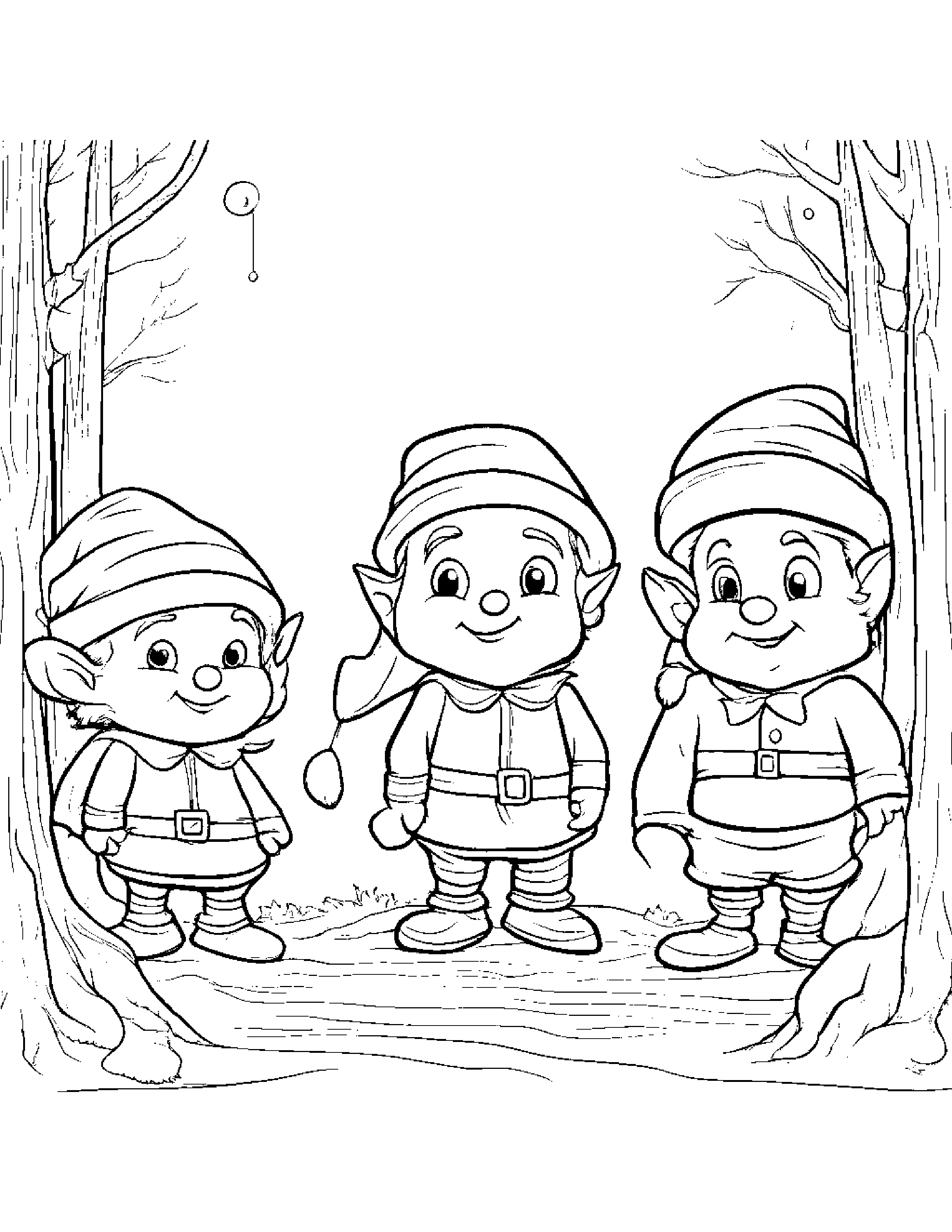 A Group Of Mischievous Elves Sneaking Up On Santa Claus Coloring Page (Free Printable PDF)