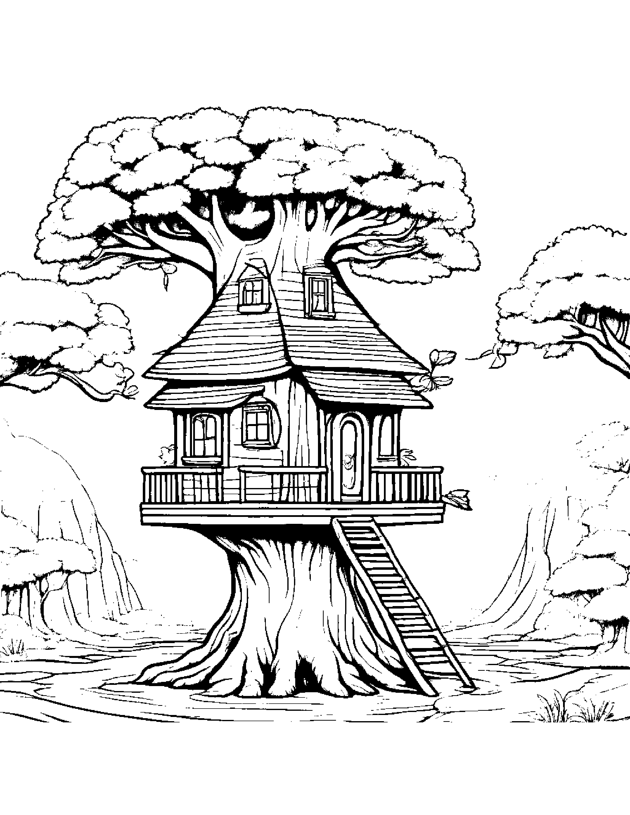 Treehouse With A Bow #2 Coloring Page (Free Printable PDF)
