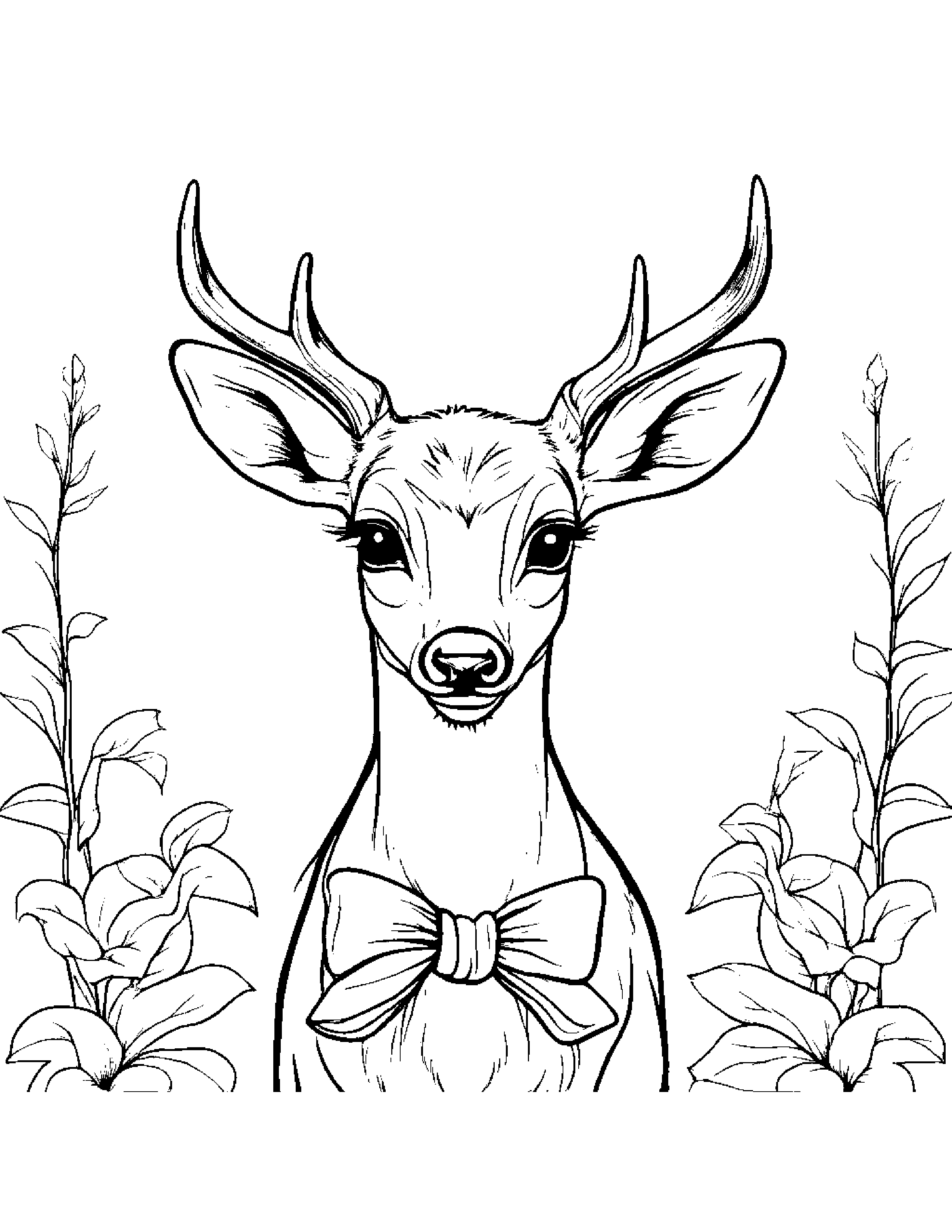 Gentle Deer Fawn With A Bow Coloring Page (Free Printable PDF)