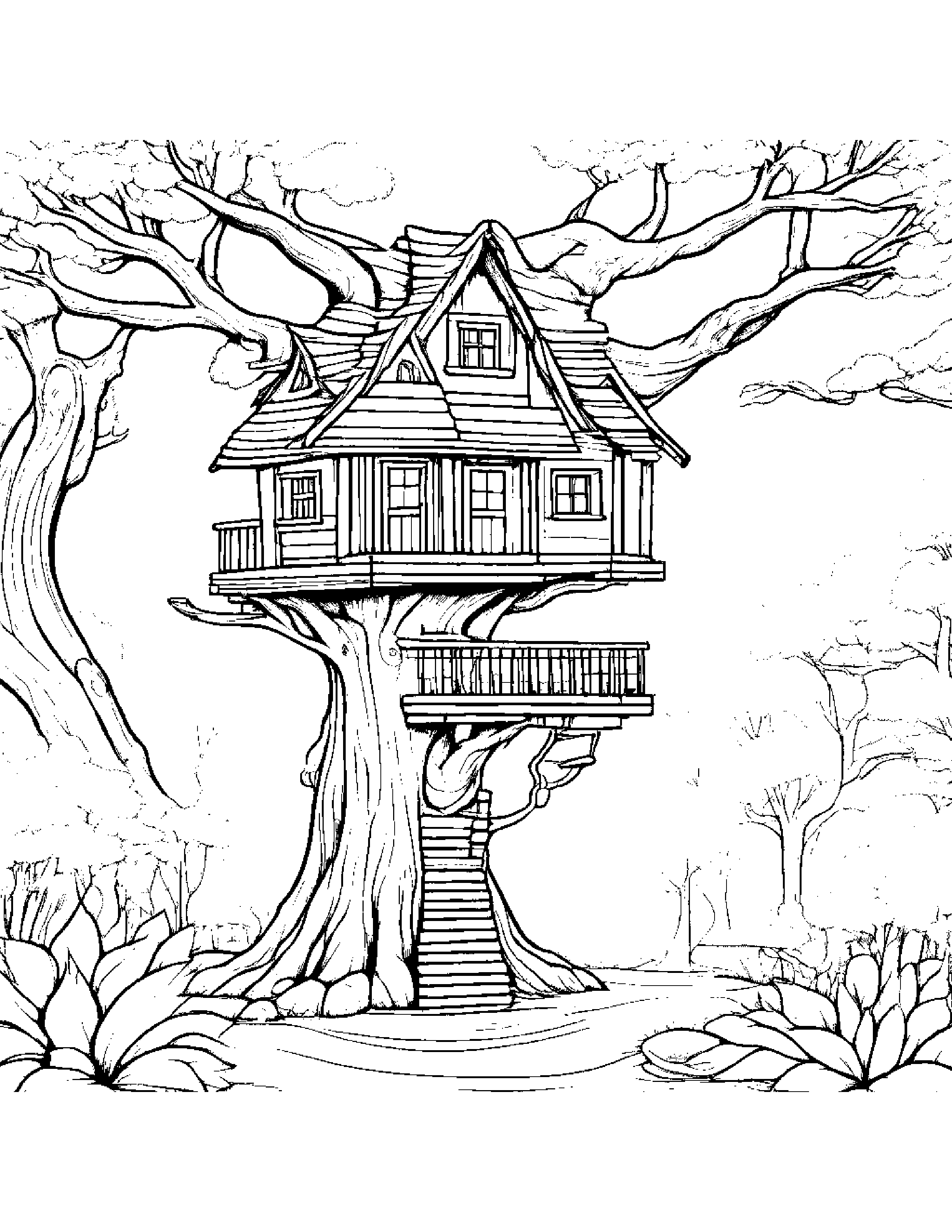 Treehouse With Scarf Coloring Page (Free Printable PDF)