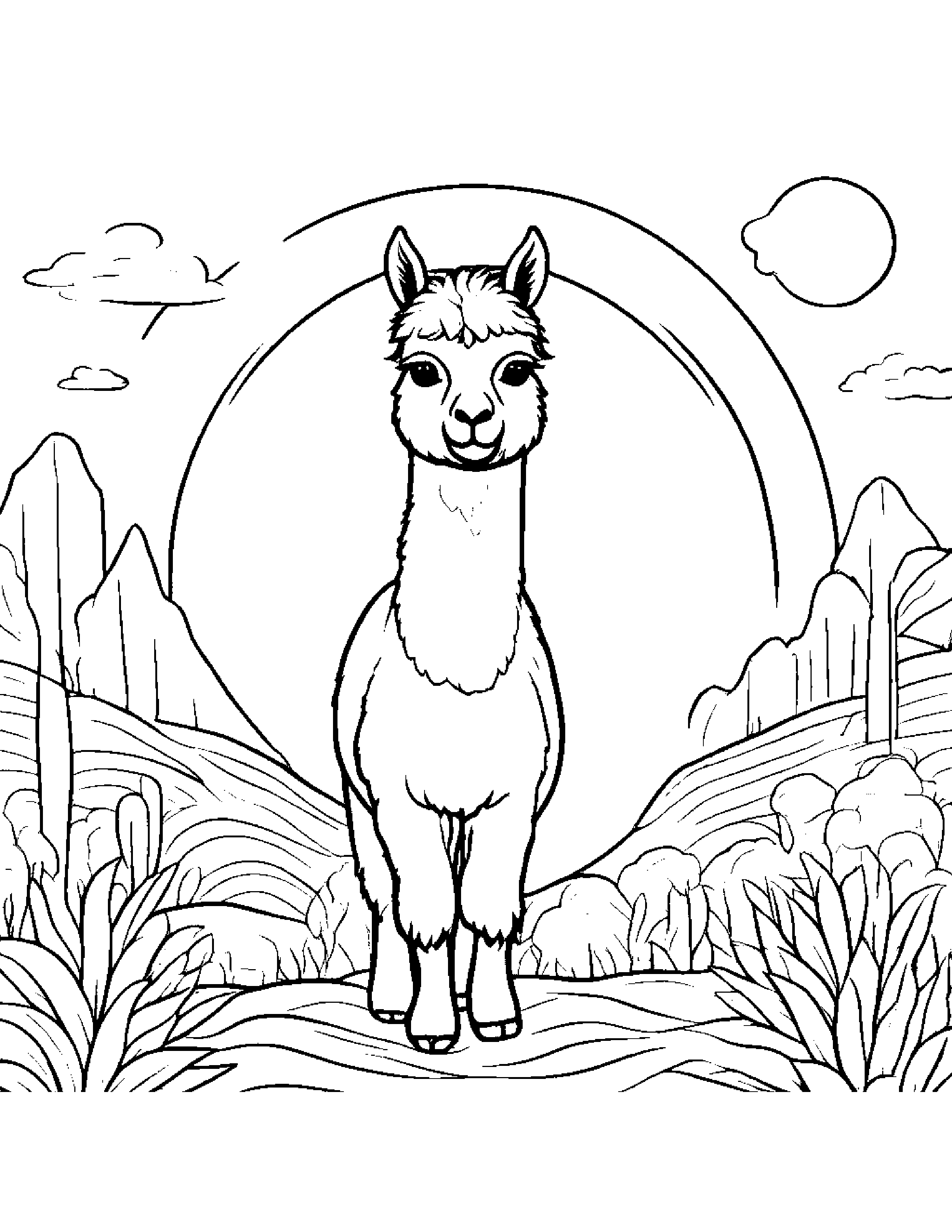 Alpaca With A Sunny Sticker #2 Coloring Page (Free Printable PDF)
