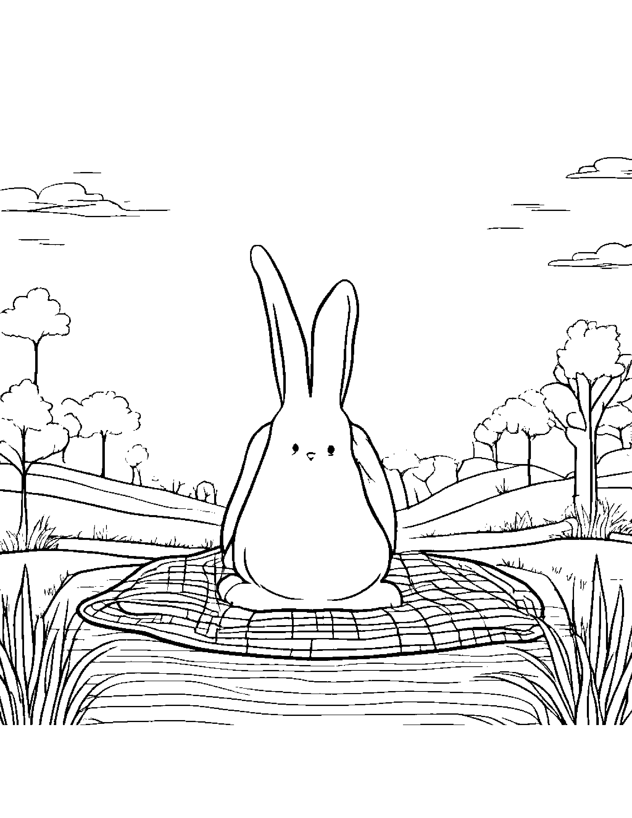 Bunny Waving On A Picnic Blanket #2 Coloring Page (Free Printable PDF)