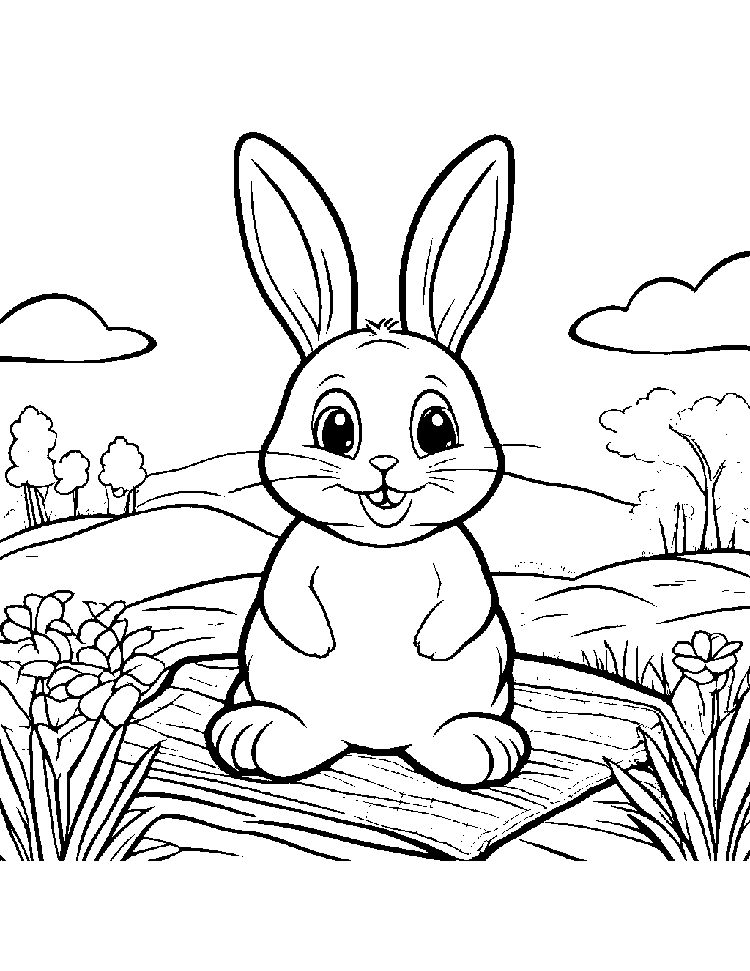 Bunny Waving On A Picnic Blanket #3 Coloring Page (Free Printable PDF)