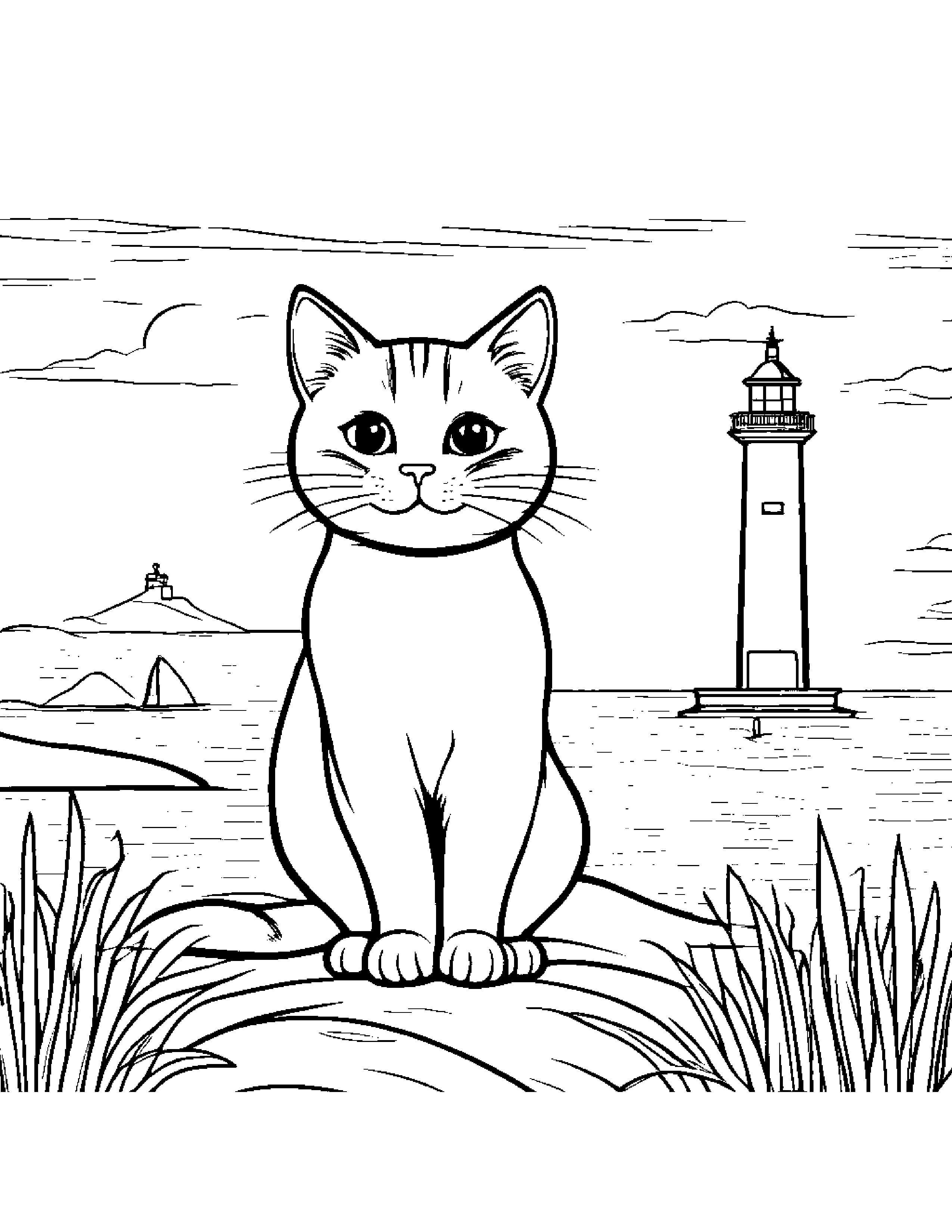 Peppy Kitty Near A Lighthouse Coloring Page (Free Printable PDF)