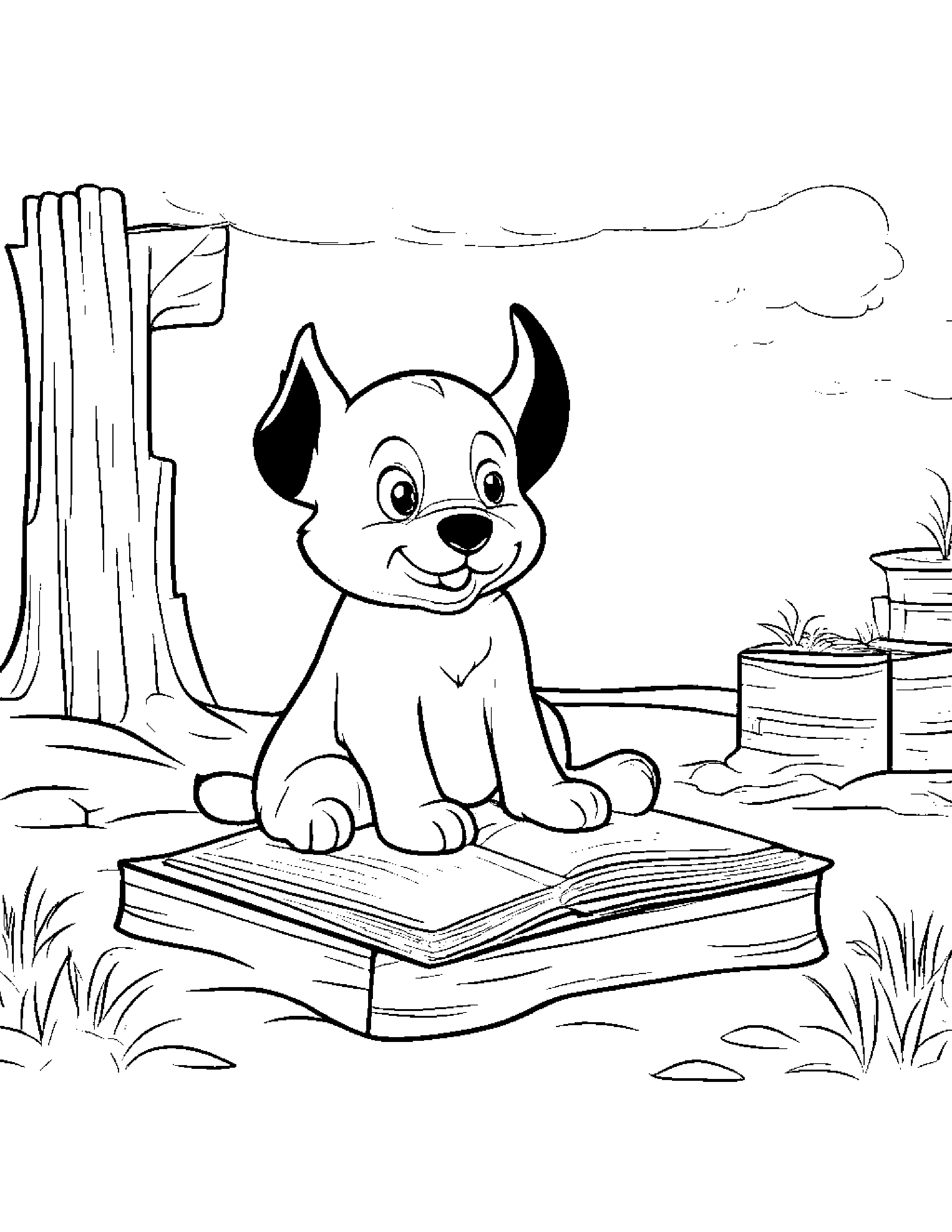 Puppy Reading A Storybook Beside A Sandbox #2 Coloring Page (Free Printable PDF)