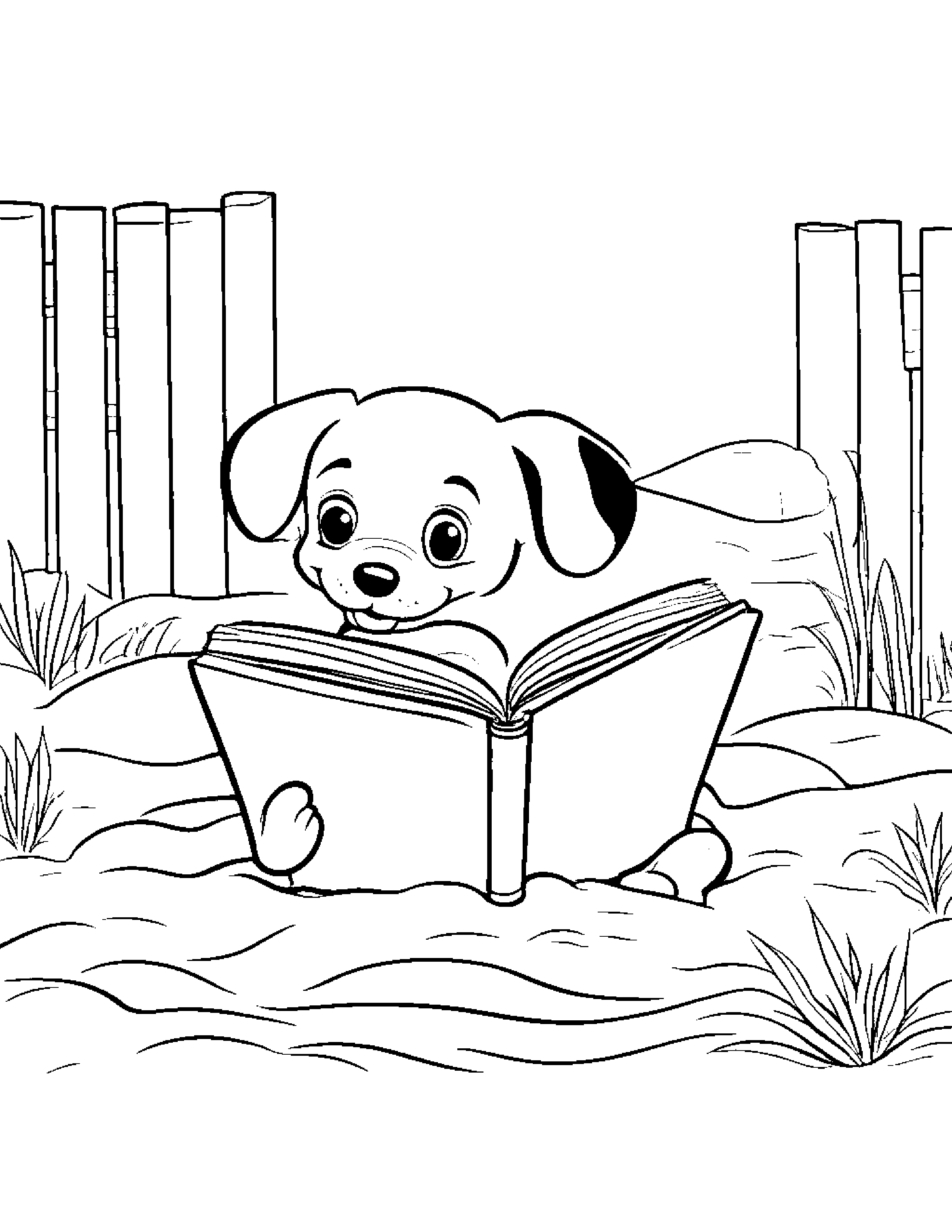 Puppy Reading A Storybook Beside A Sandbox #3 Coloring Page (Free Printable PDF)