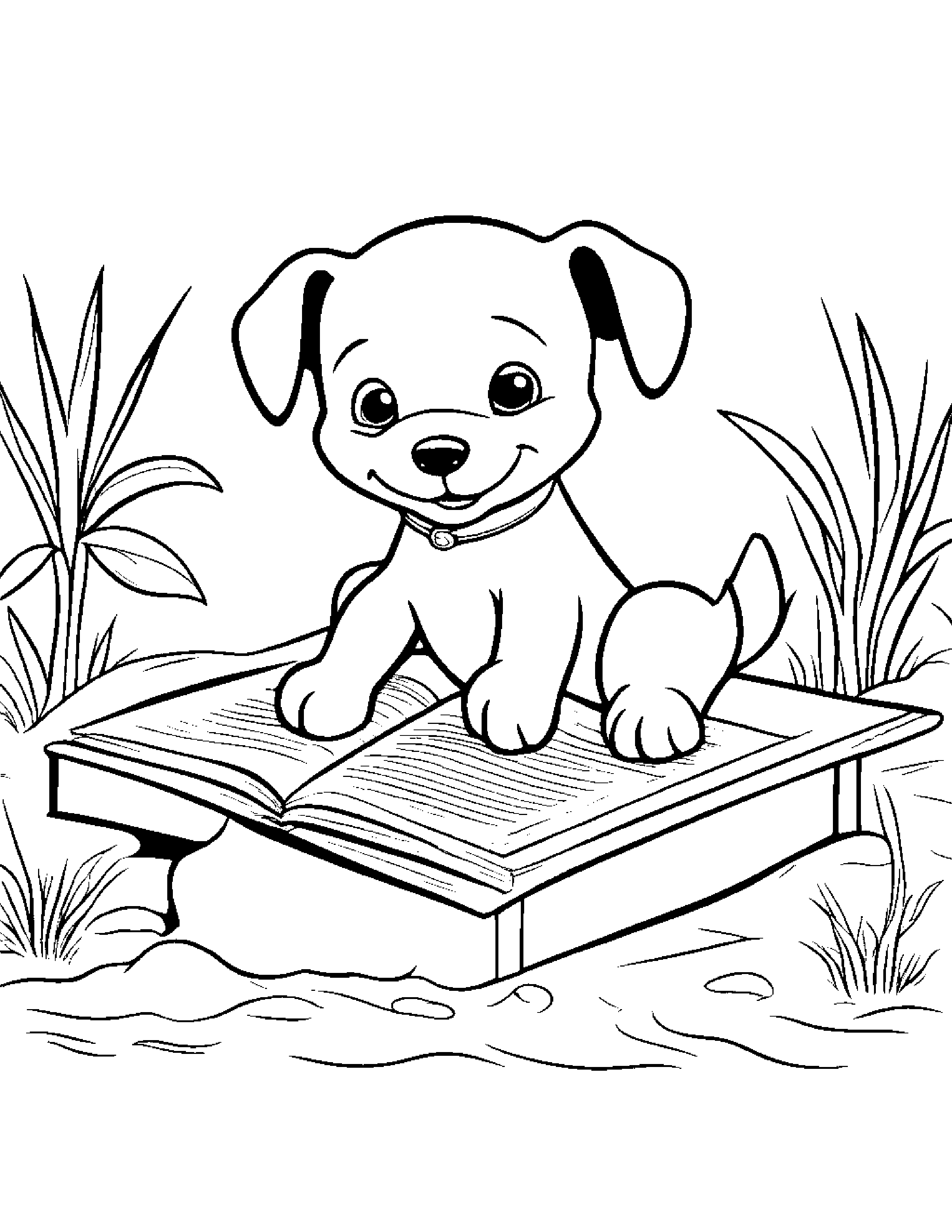 Puppy Reading A Storybook Beside A Sandbox Coloring Page (Free Printable PDF)
