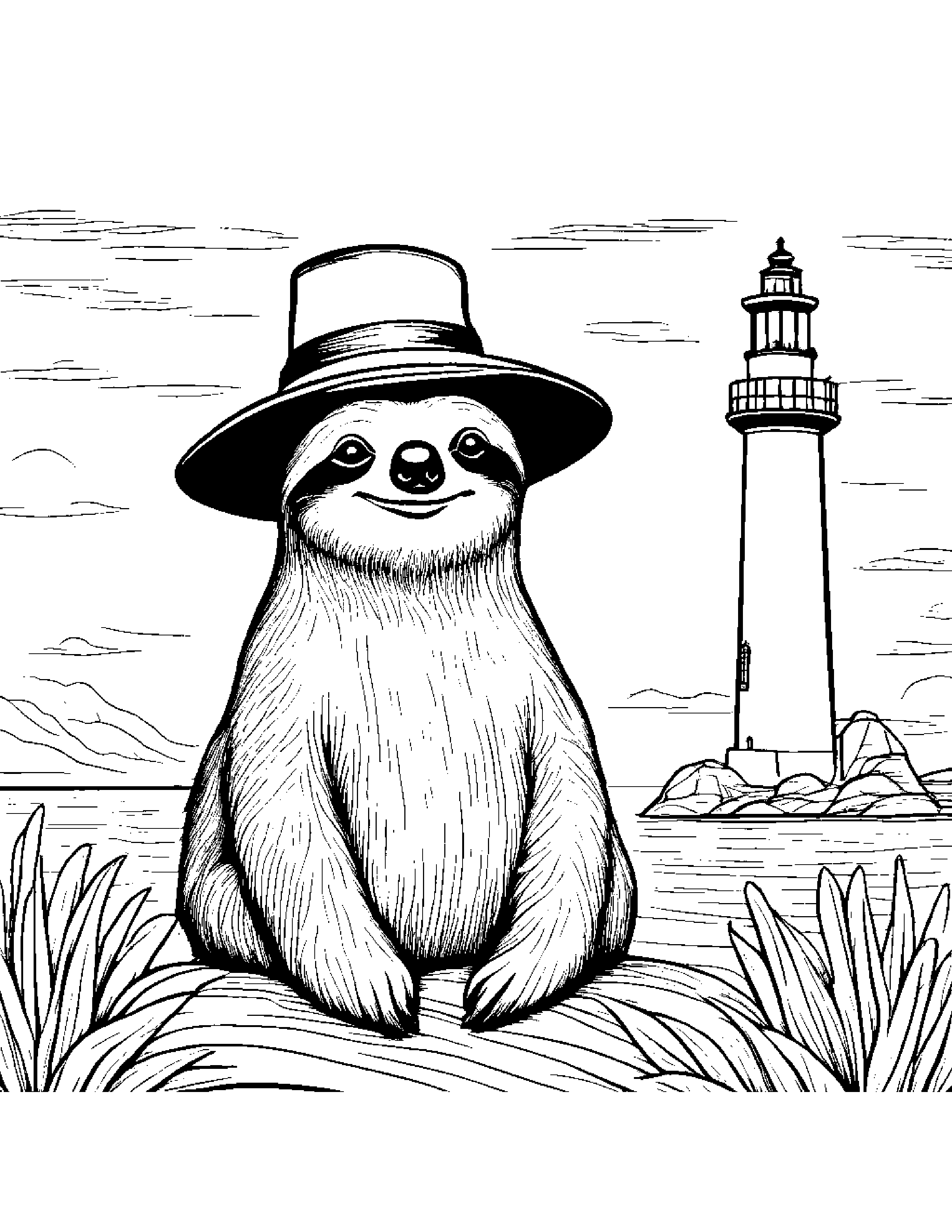 Sloth With A Cute Hat Near A Lighthouse #2 Coloring Page (Free Printable PDF)