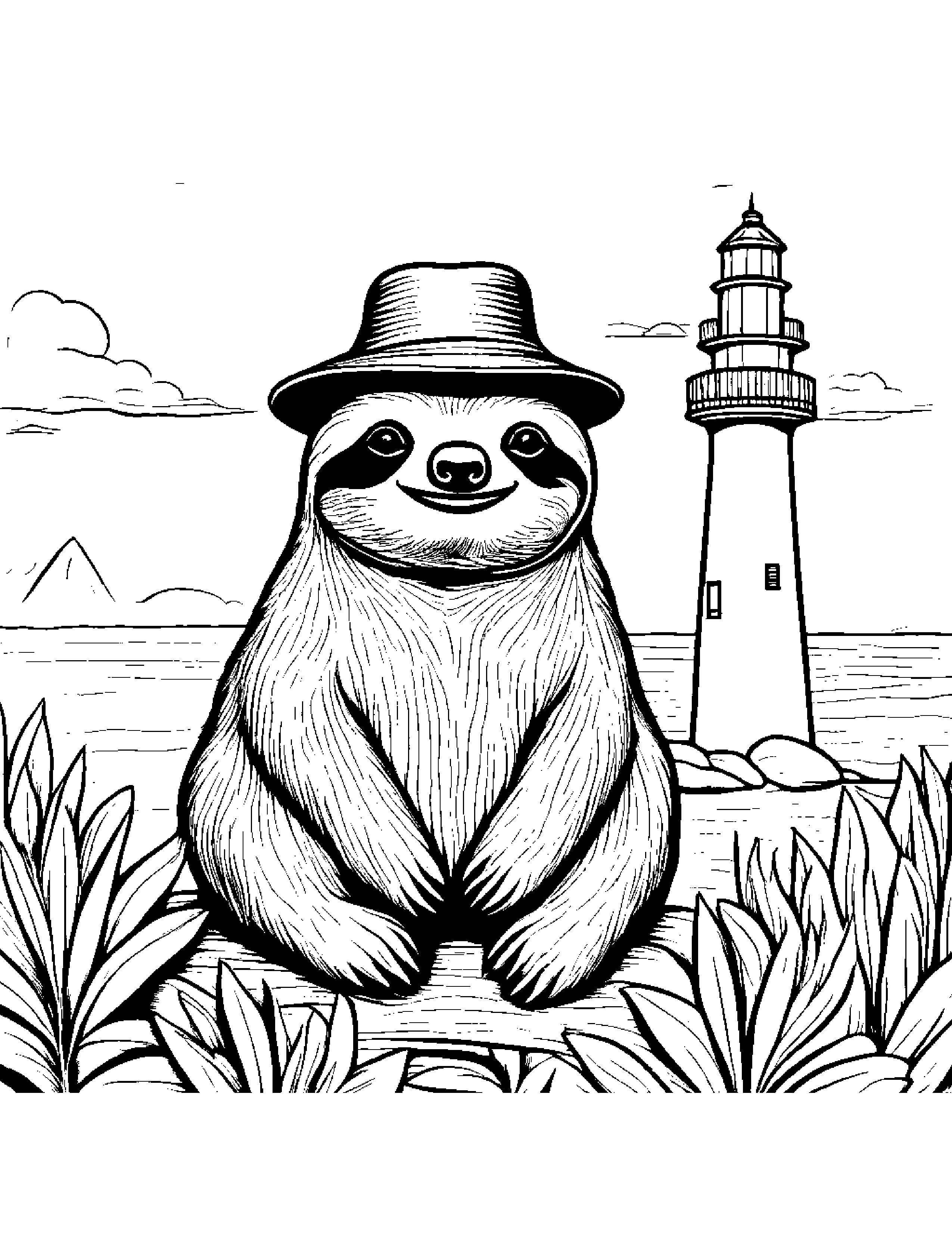 Sloth With A Cute Hat Near A Lighthouse #3 Coloring Page (Free Printable PDF)