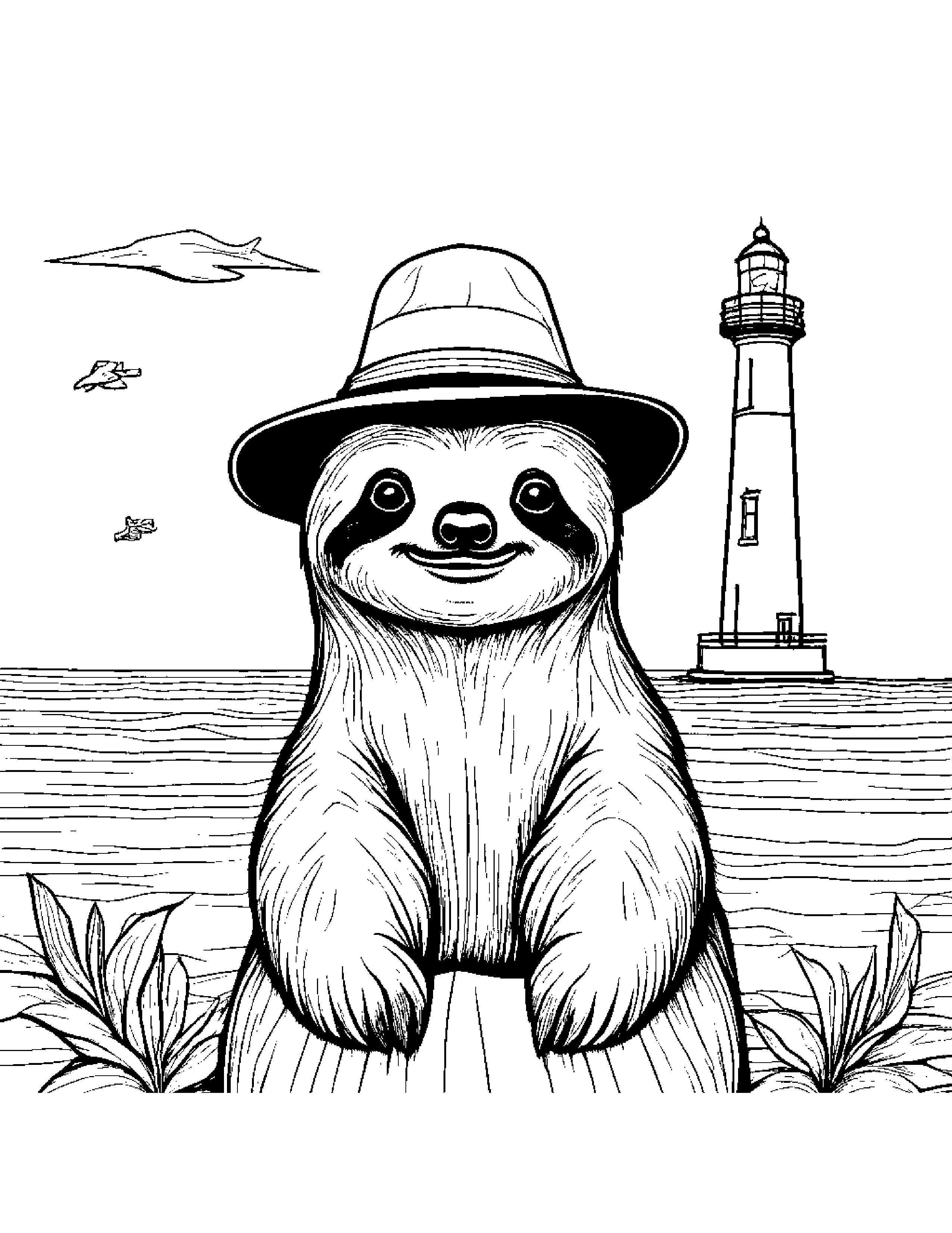 Sloth With A Cute Hat Near A Lighthouse #5 Coloring Page (Free Printable PDF)