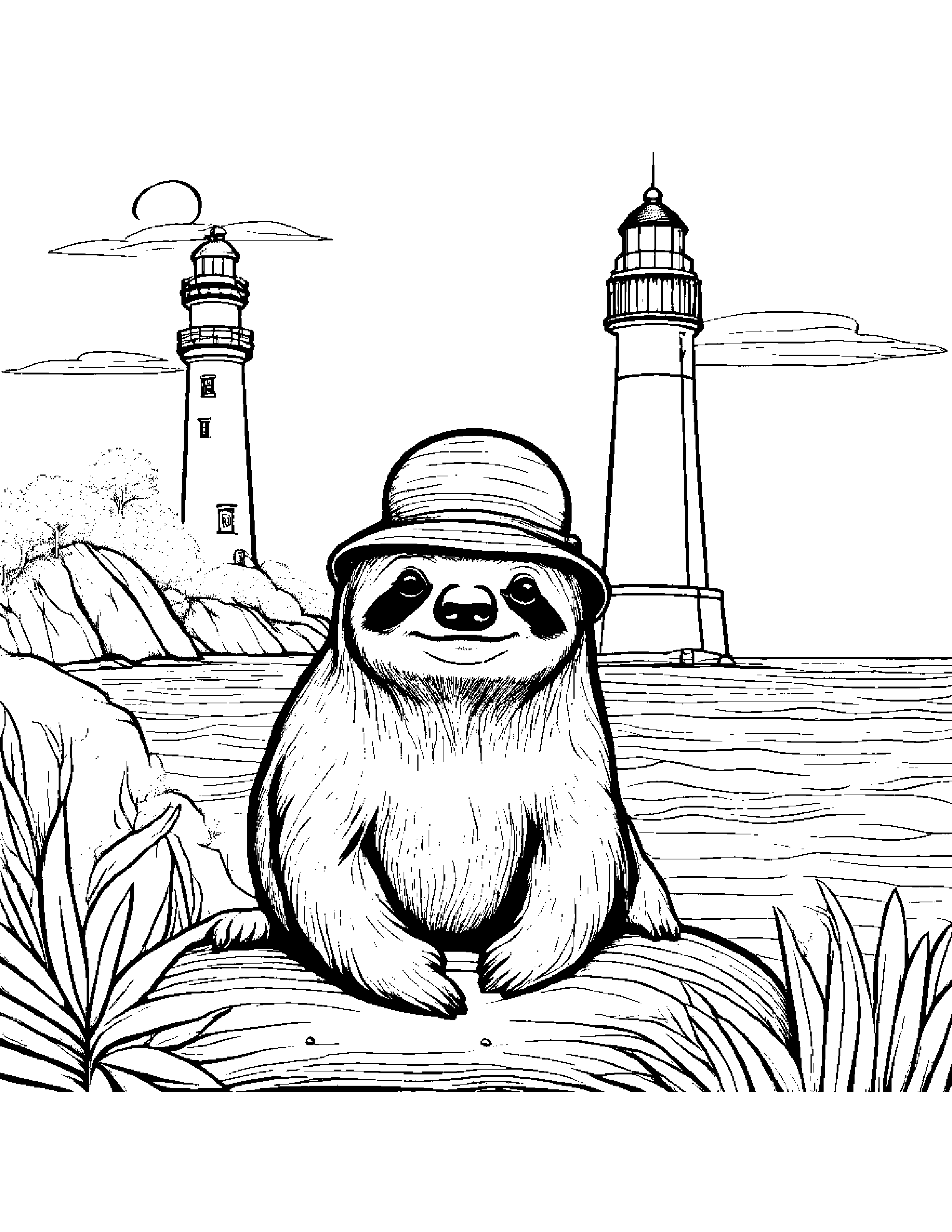 Sloth With A Cute Hat Near A Lighthouse Coloring Page (Free Printable PDF)