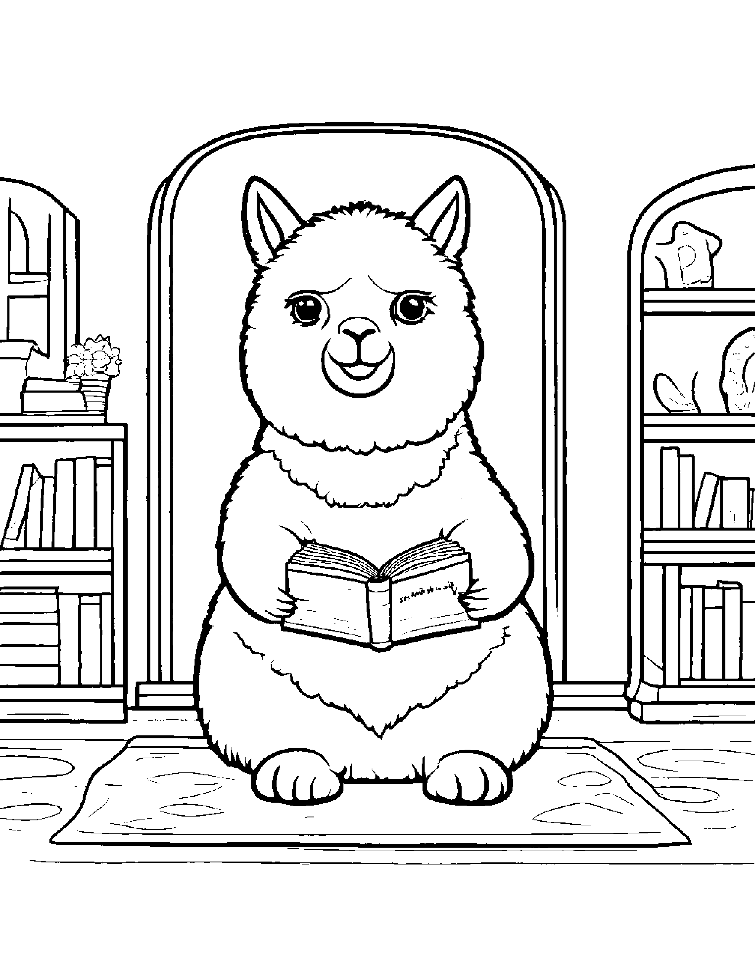 Sunny Alpaca Playing Pat-A-Cake By A Reading Nook #2 Coloring Page (Free Printable PDF)