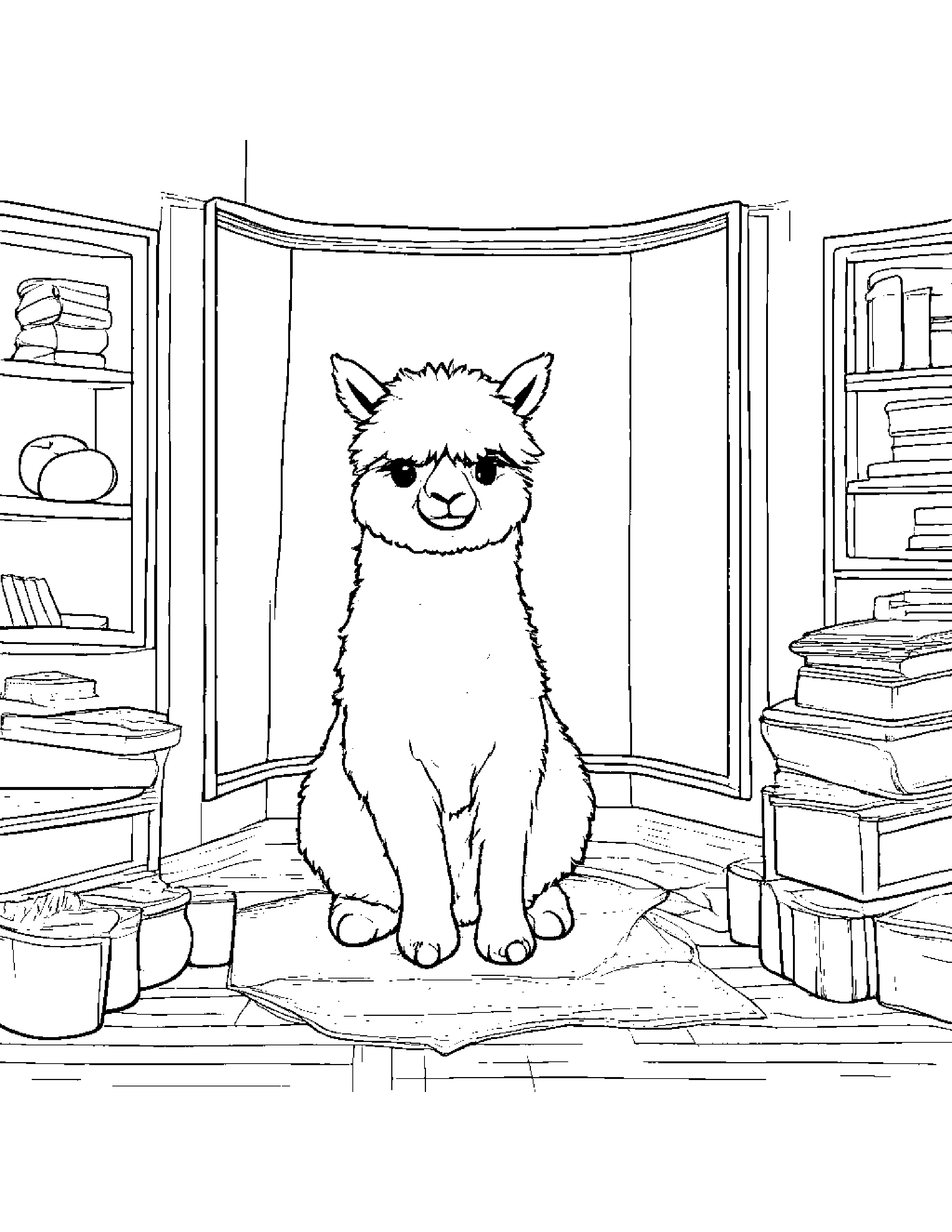 Sunny Alpaca Playing Pat-A-Cake By A Reading Nook Coloring Page (Free Printable PDF)