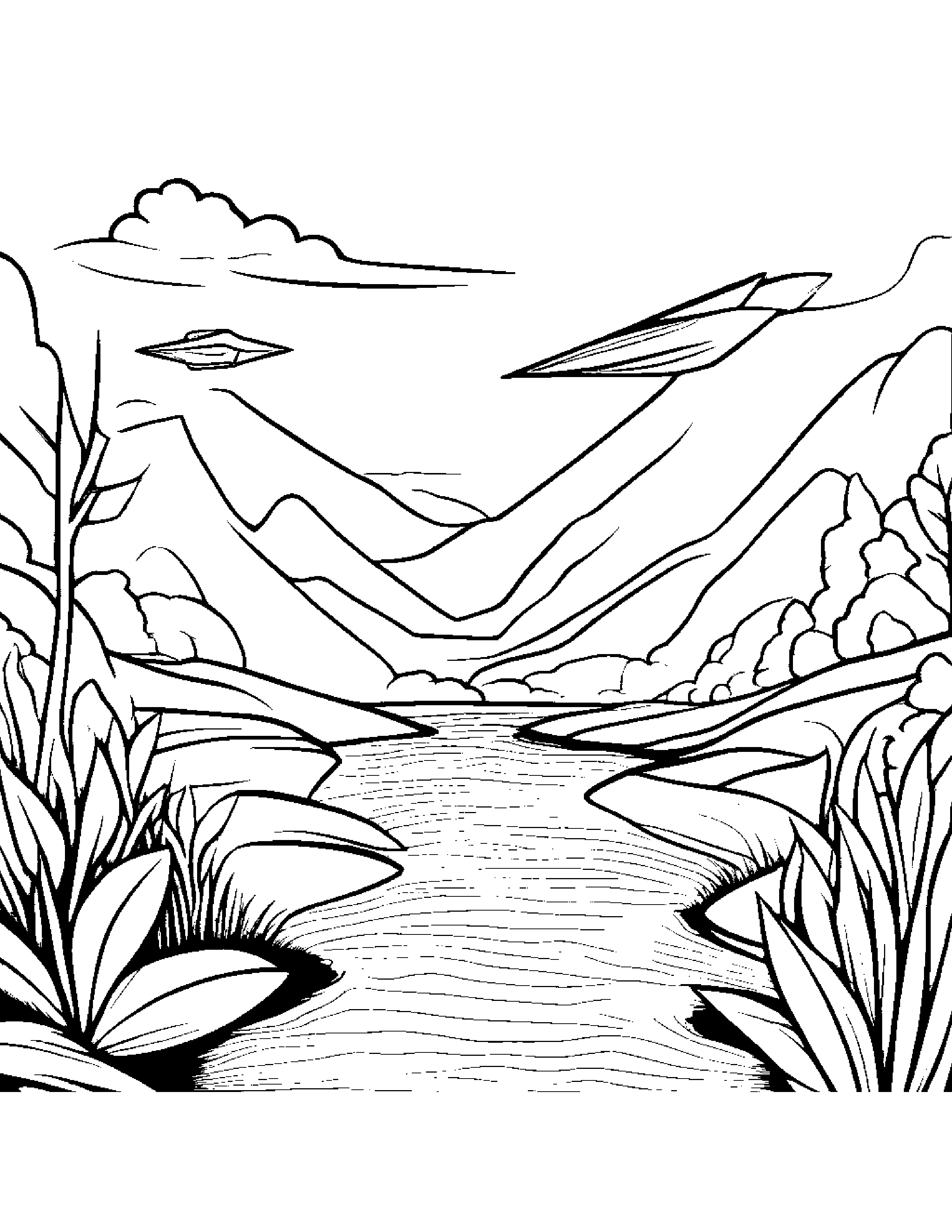 Zippy Paper Airplane Near A Gentle Stream #2 Coloring Page (Free Printable PDF)
