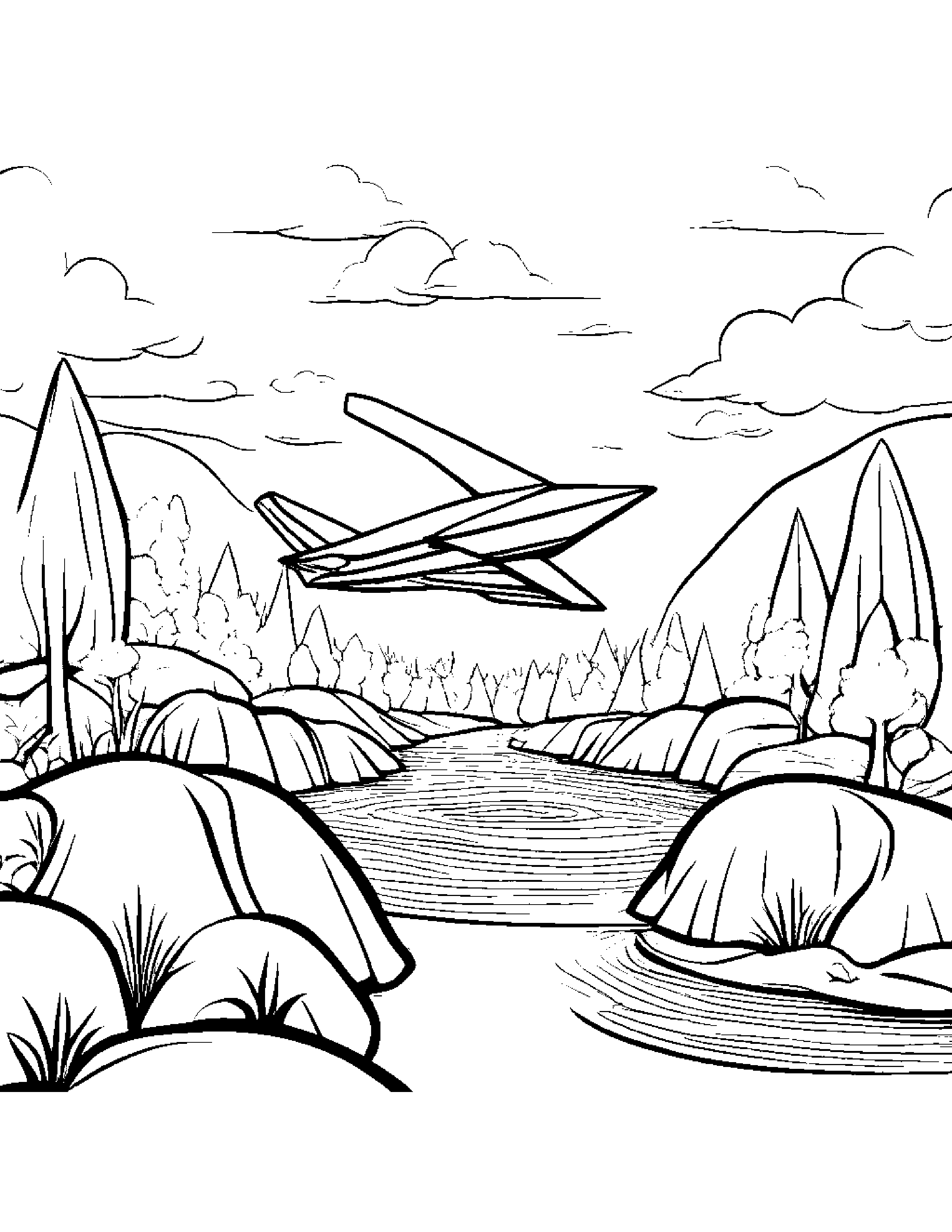 Zippy Paper Airplane Near A Gentle Stream Coloring Page (Free Printable PDF)