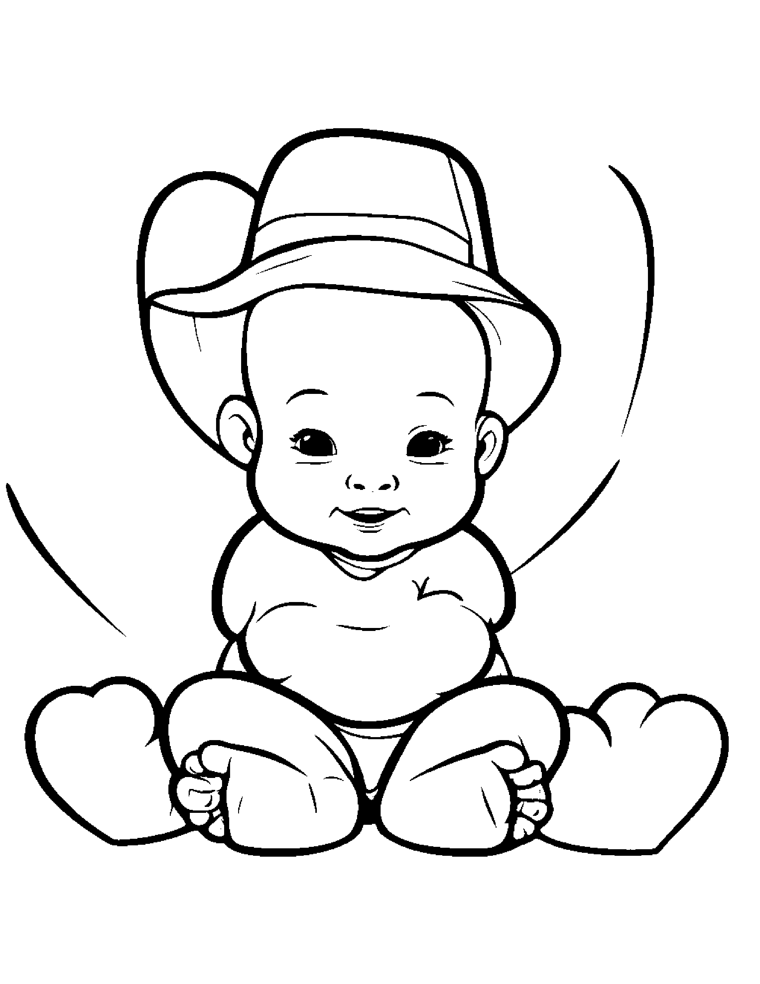 Baby Hugging Hearts Wearing A Hat #2 Coloring Page (Free Printable PDF)