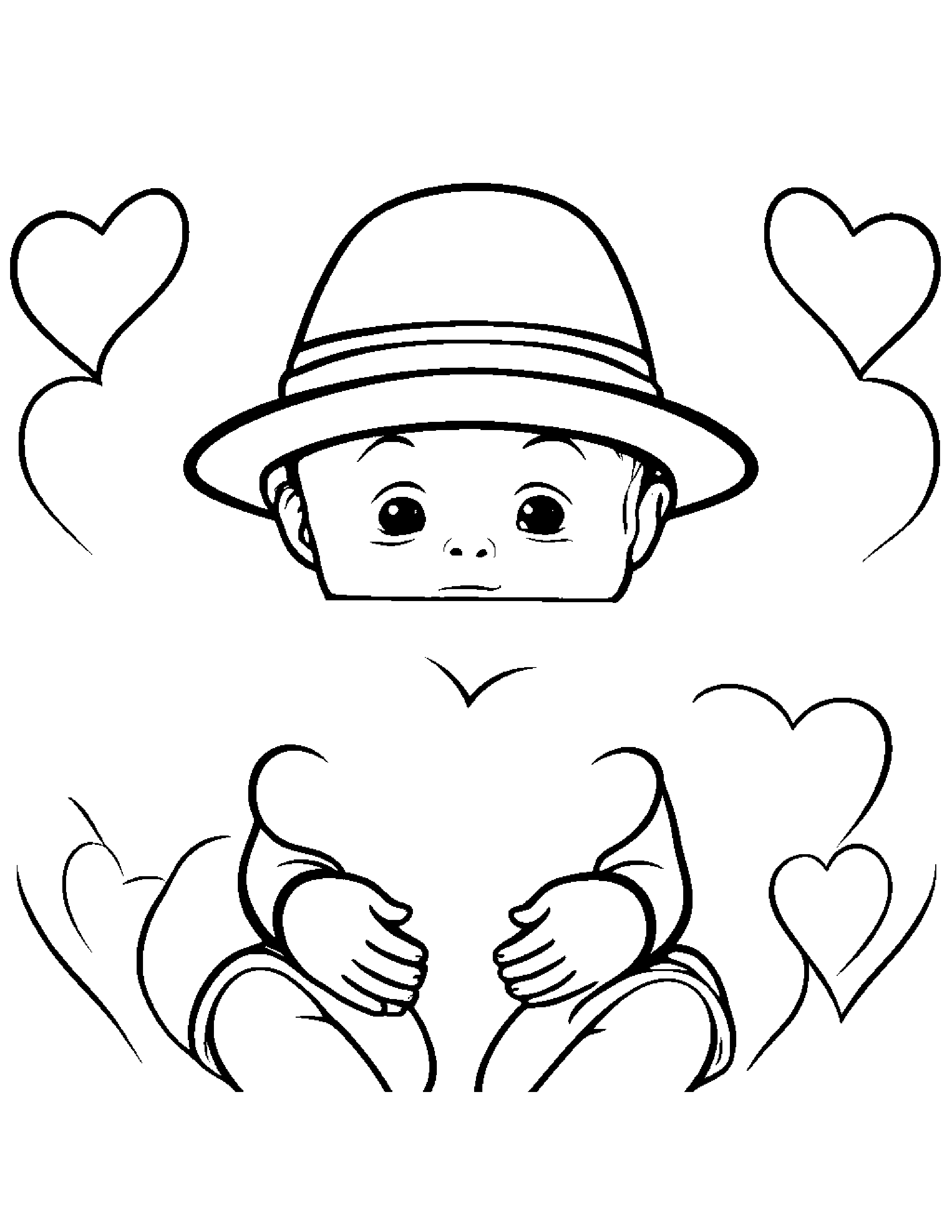 Baby Hugging Hearts Wearing A Hat Coloring Page (Free Printable PDF)