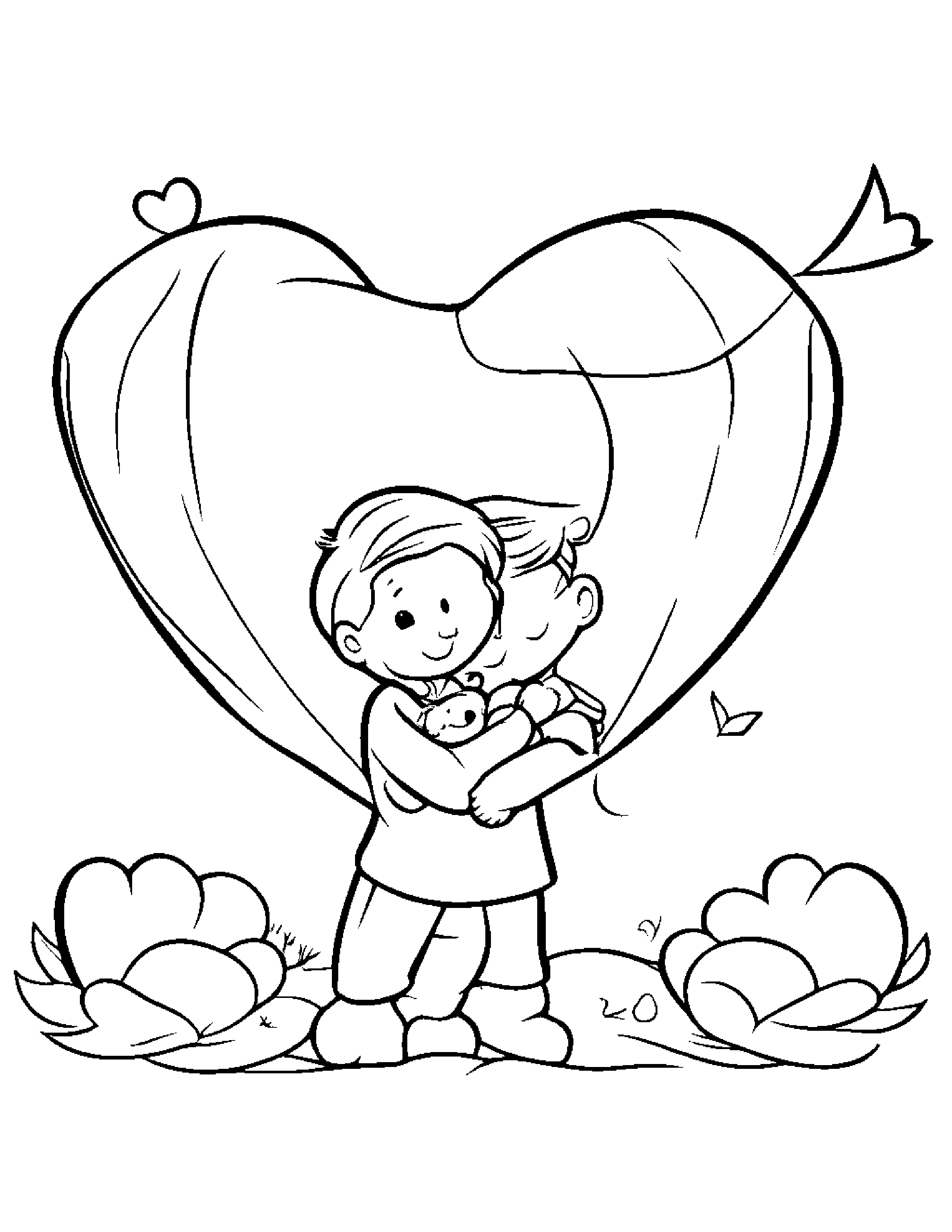 Hugging Hearts With A Kite #2 Coloring Page (Free Printable PDF)