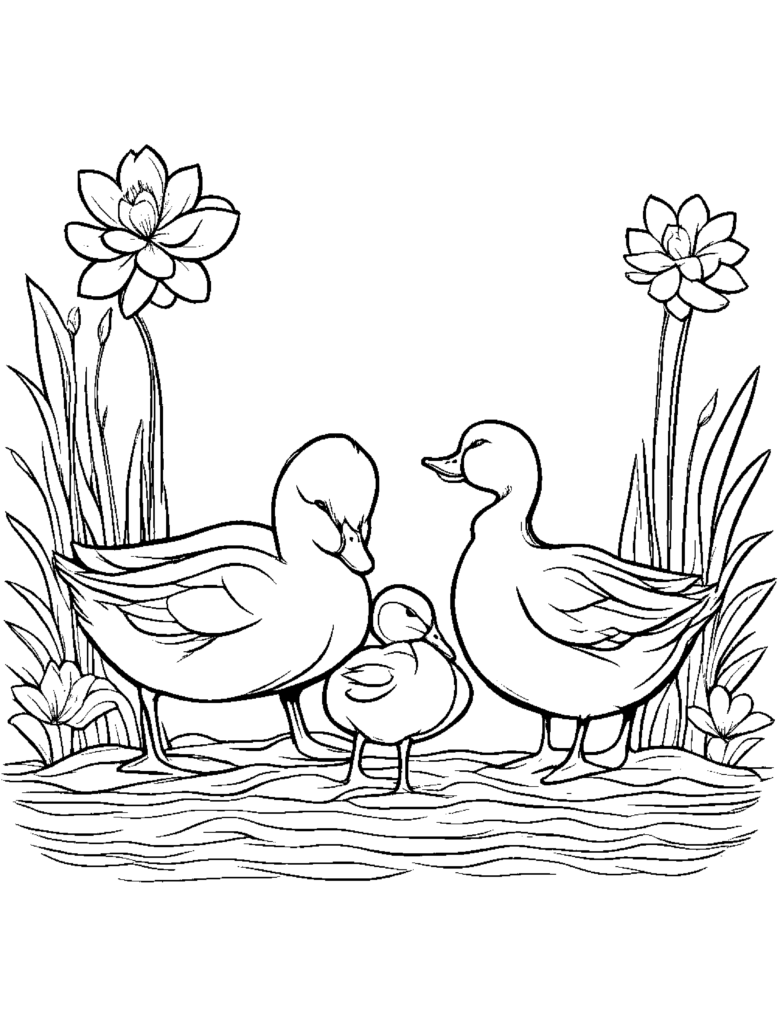 Sleepy Family Of Ducks With A Flower #2 Coloring Page (Free Printable PDF)
