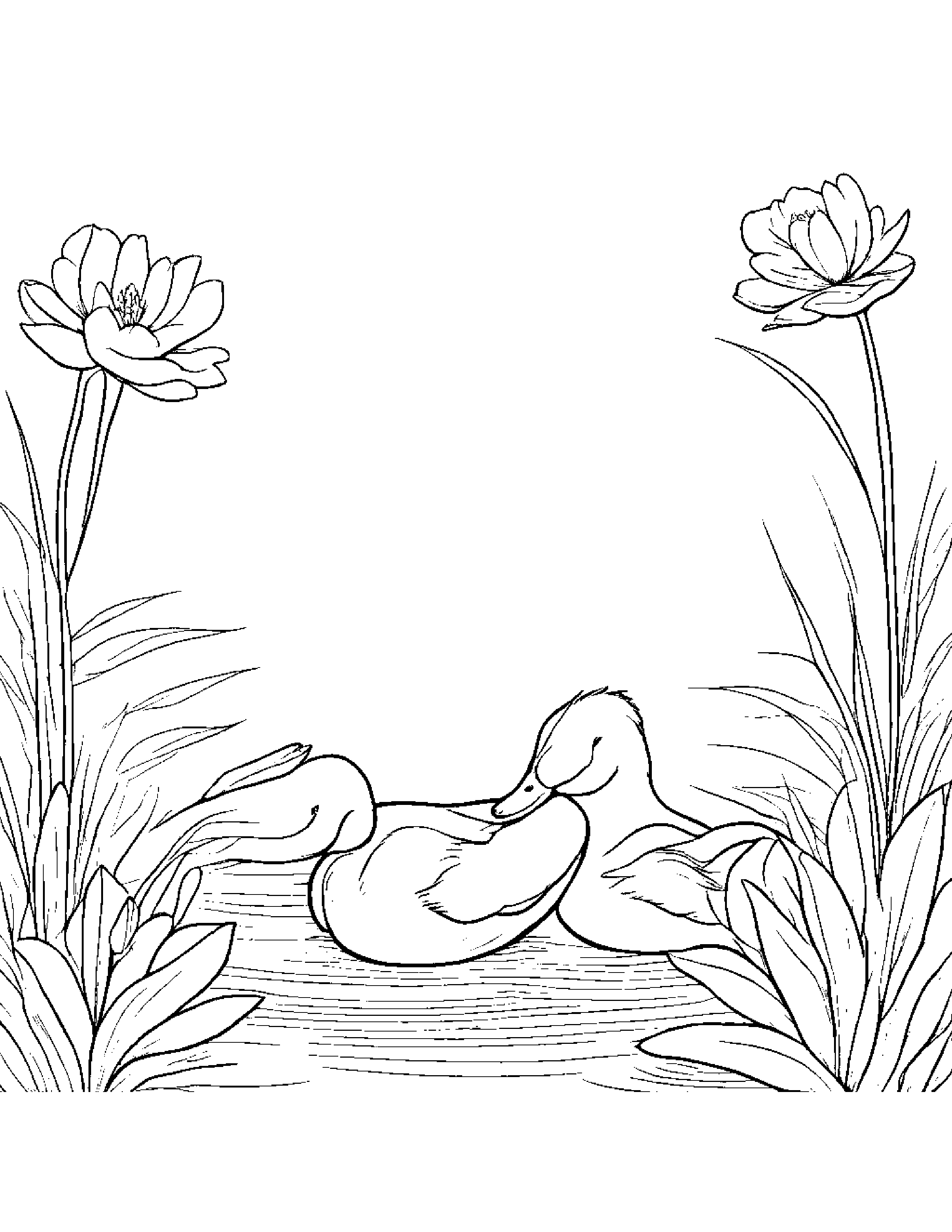 Sleepy Family Of Ducks With A Flower Coloring Page (Free Printable PDF)