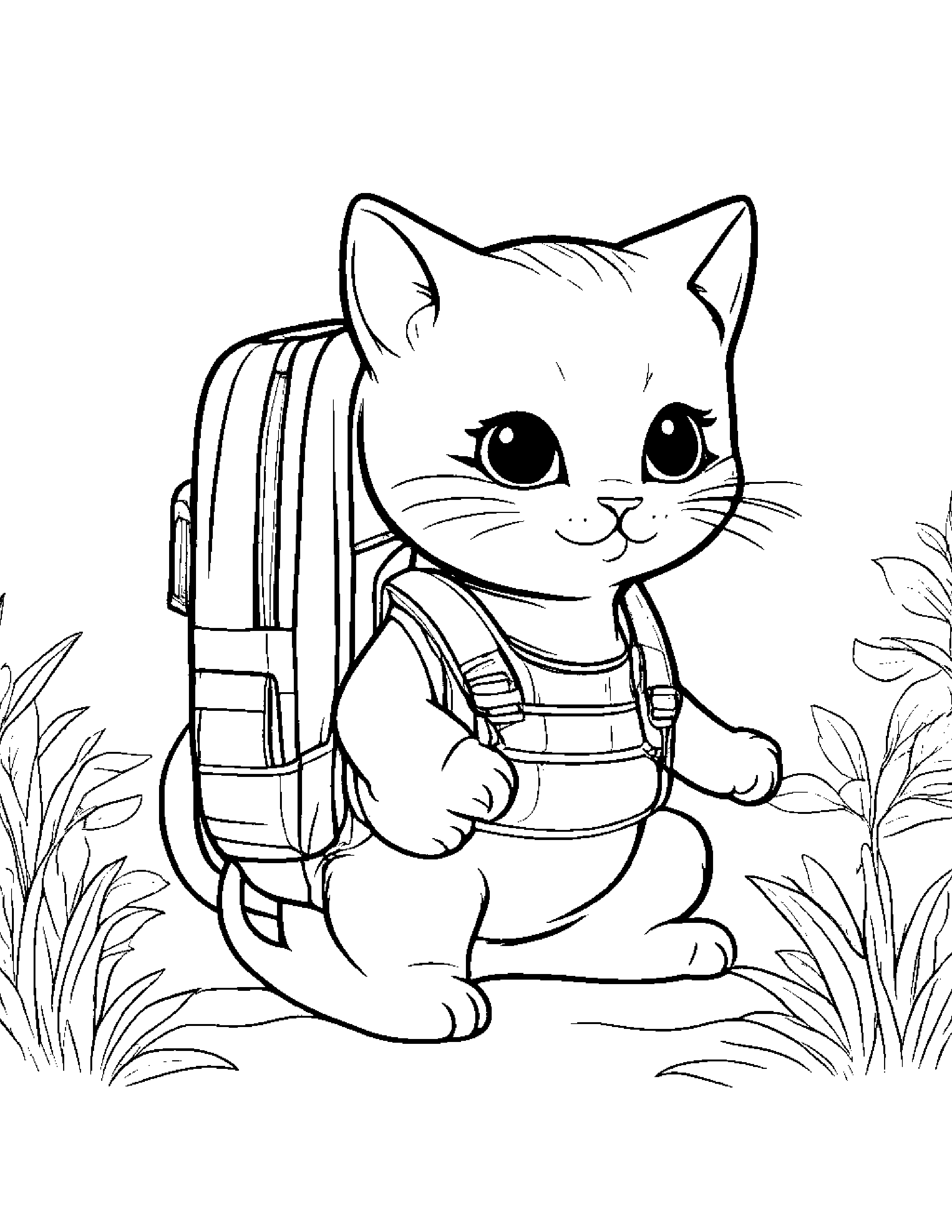 Happy Mer-Kitten With A Backpack Coloring Page (Free Printable PDF)