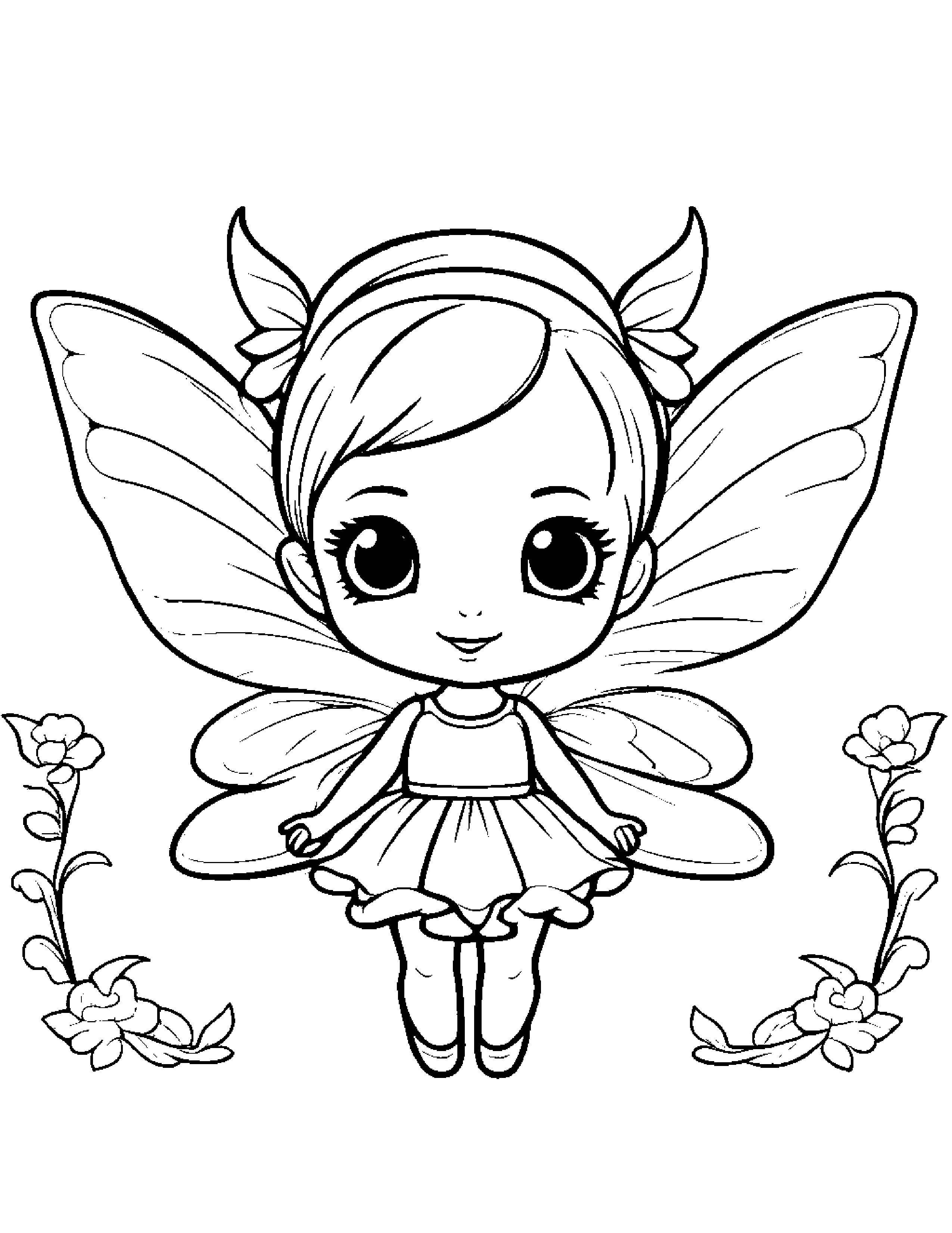 Kawaii Tiny Fairy With A Bow #2 Coloring Page (Free Printable PDF)