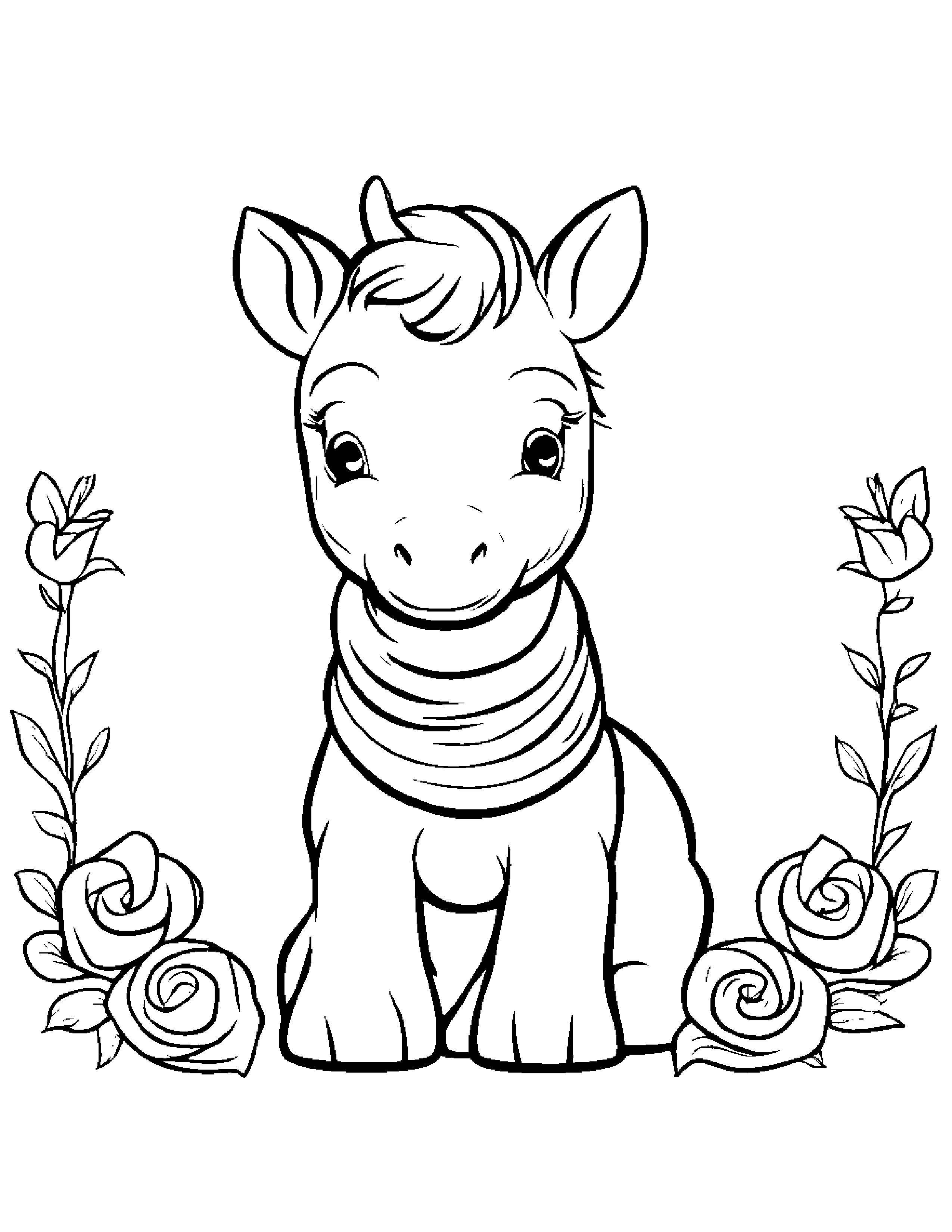 Little Unicorn Foal With Scarf Coloring Page (Free Printable PDF)