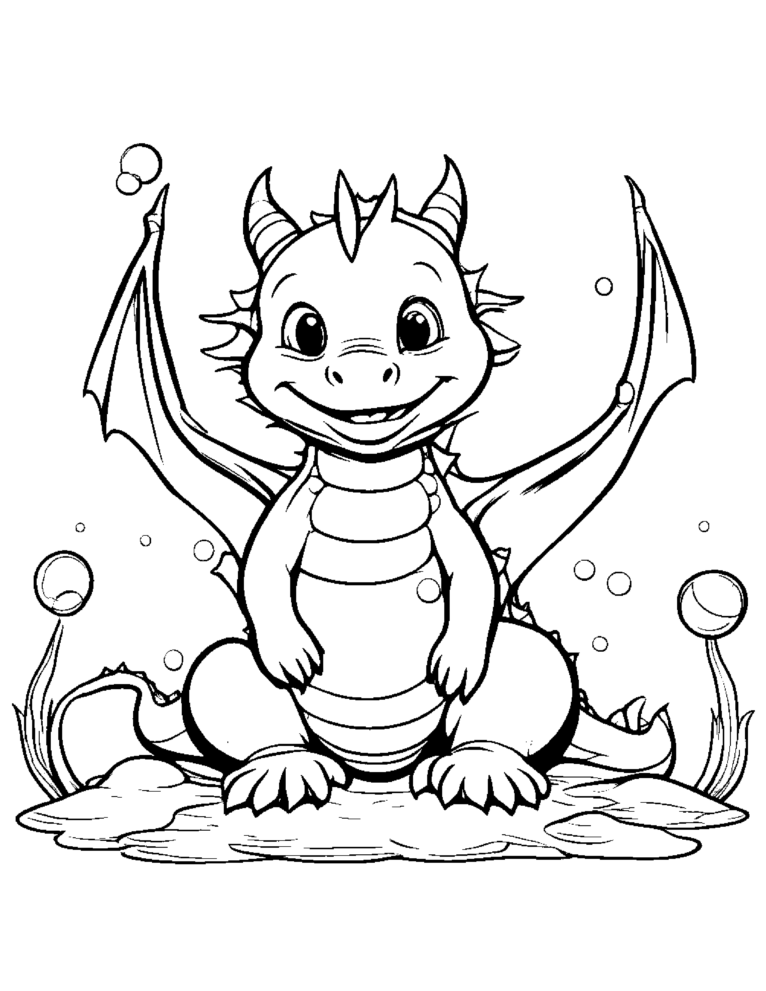 Sleepy Baby Dragon Blowing Bubbles #2 Coloring Page (Free Printable PDF)