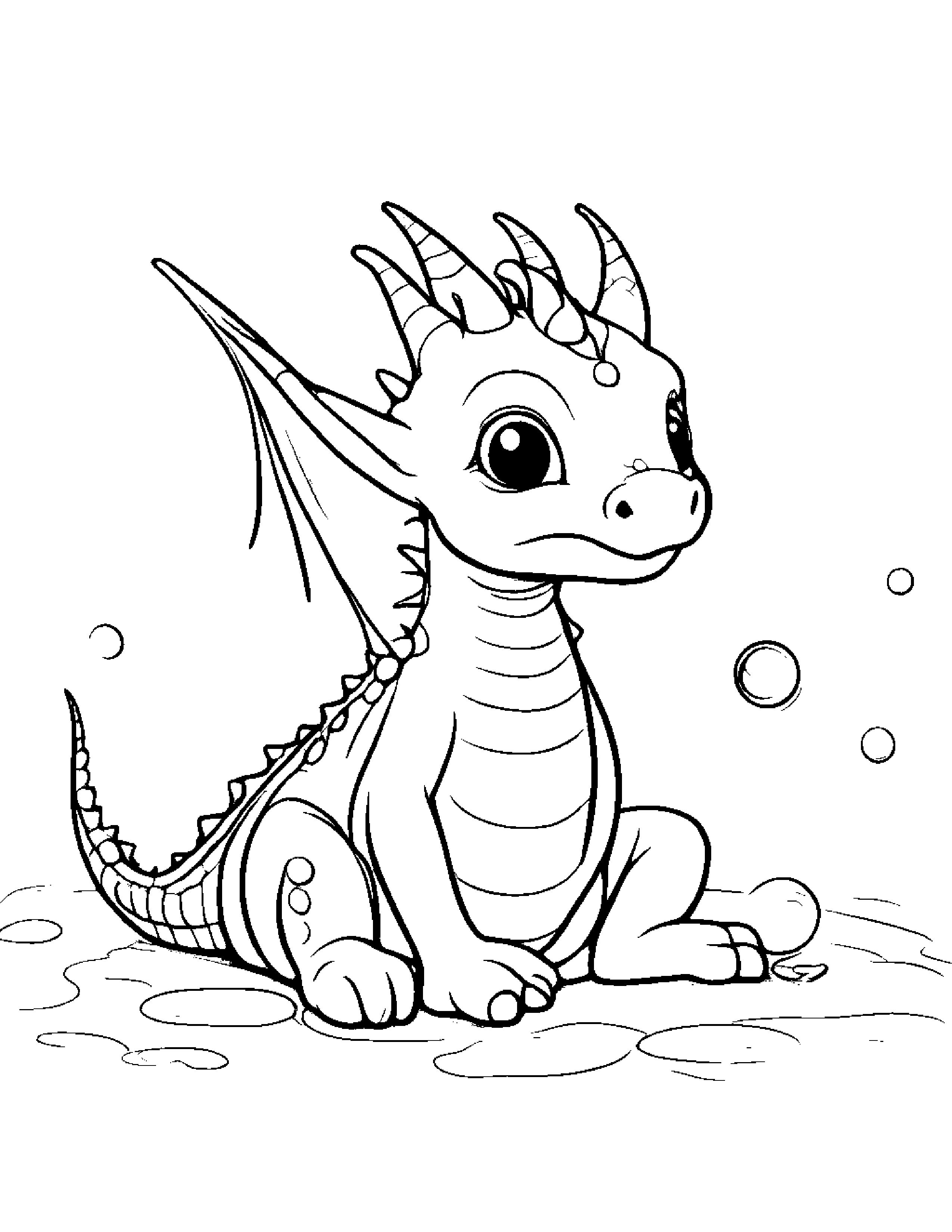 Sleepy Baby Dragon Blowing Bubbles Coloring Page (Free Printable PDF)