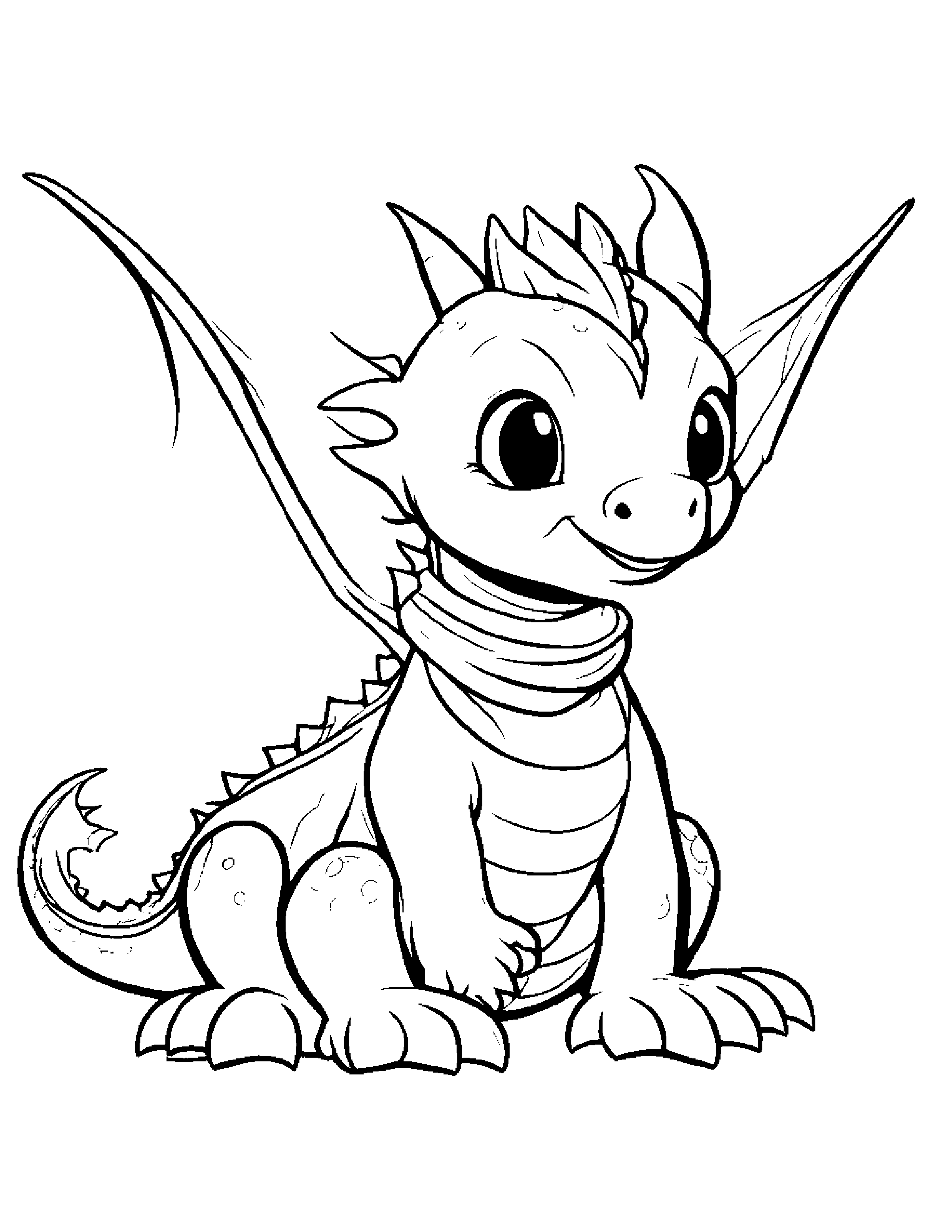 Smiling Baby Dragon With Scarf Coloring Page (Free Printable PDF)
