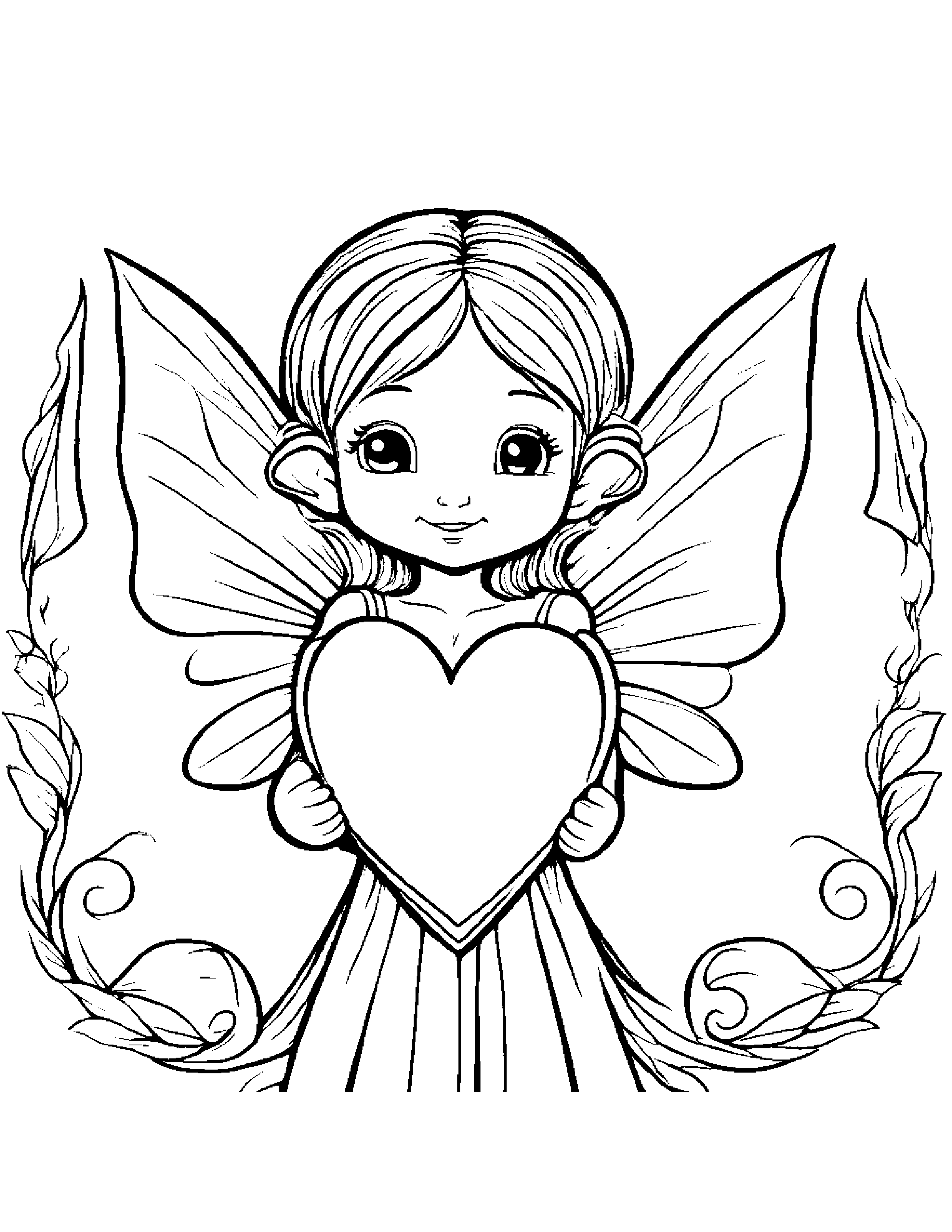 Tiny Fairy Hugging A Heart #2 Coloring Page (Free Printable PDF)